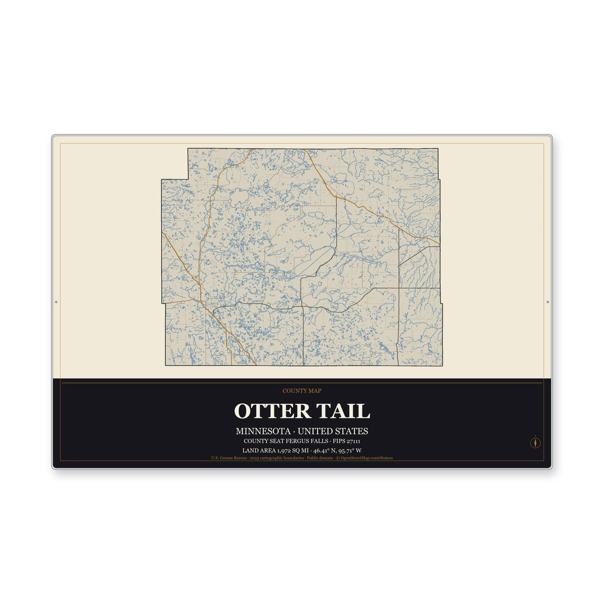 Otter Tail County, Minnesota Map Aluminum Sign in Museum Plaque style