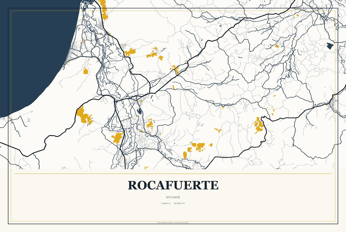 Rocafuerte, Ecuador City Map Aluminum Sign in Citrine Modern style