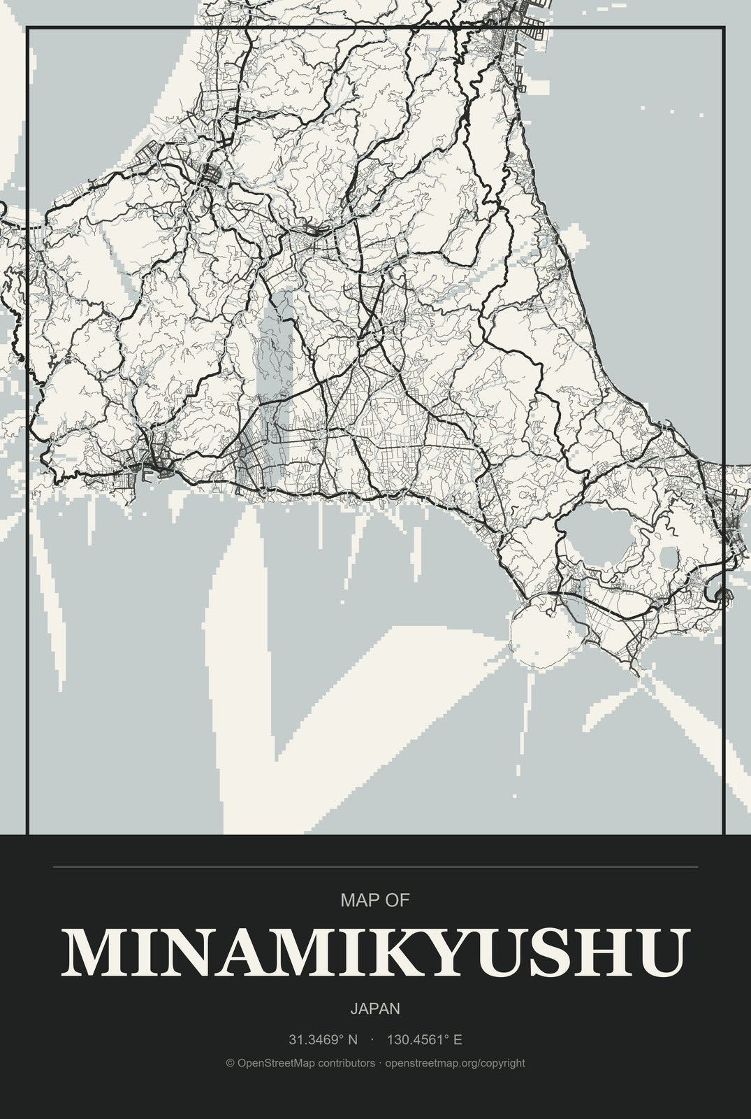 Minamikyushu, Japan City Map Aluminum Sign in Museum Plaque style