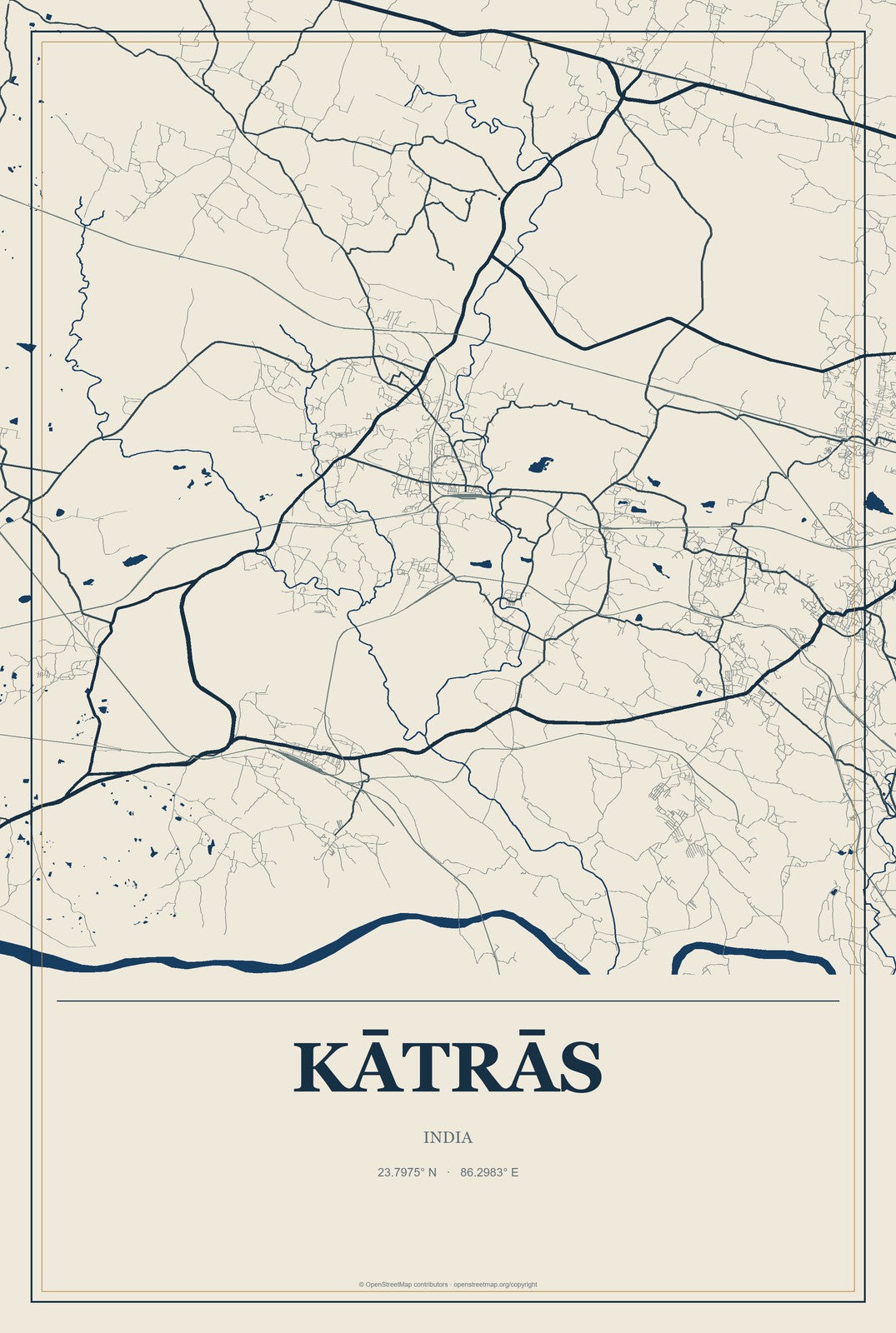 Kātrās, India City Map Aluminum Sign in Coastal Cutout style