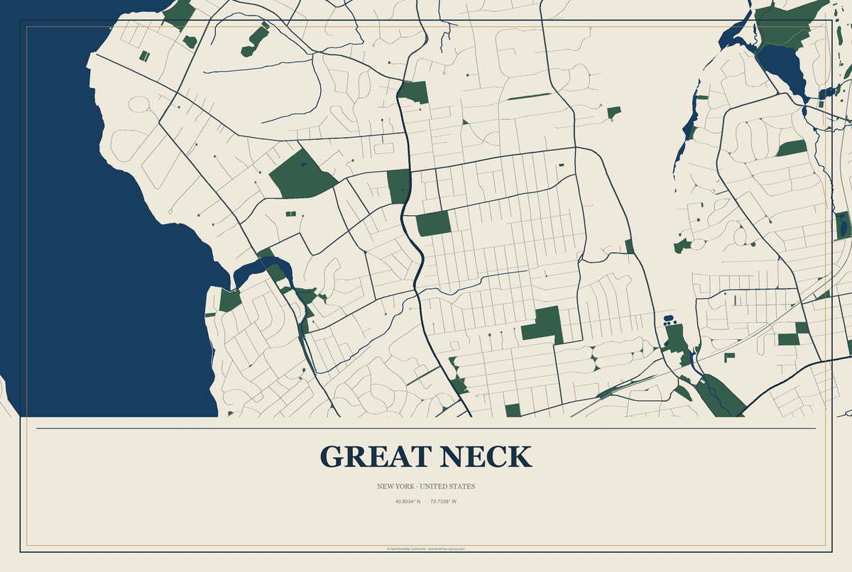 Great Neck, New York City Map Aluminum Sign in Coastal Cutout style