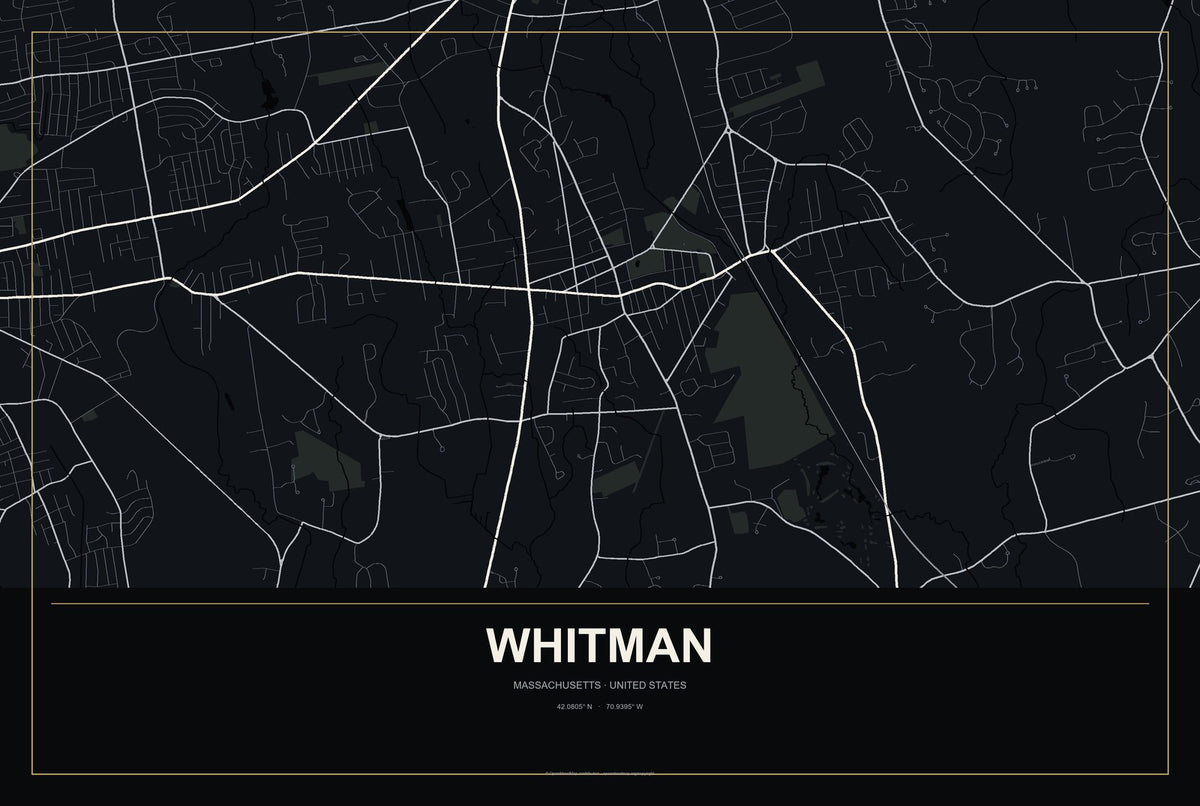 Whitman, Massachusetts City Map Aluminum Sign in Metropolitan Noir style