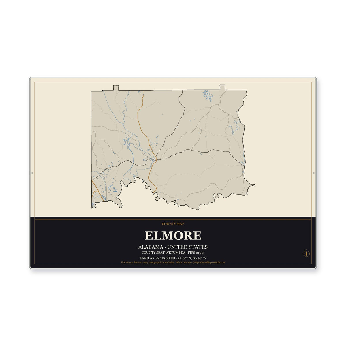 Elmore County, Alabama Map Aluminum Sign in Museum Plaque style