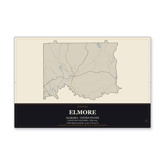 Elmore County, Alabama Map Aluminum Sign in Museum Plaque style