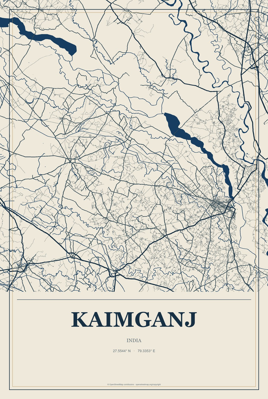 Kaimganj, India City Map Aluminum Sign in Coastal Cutout style