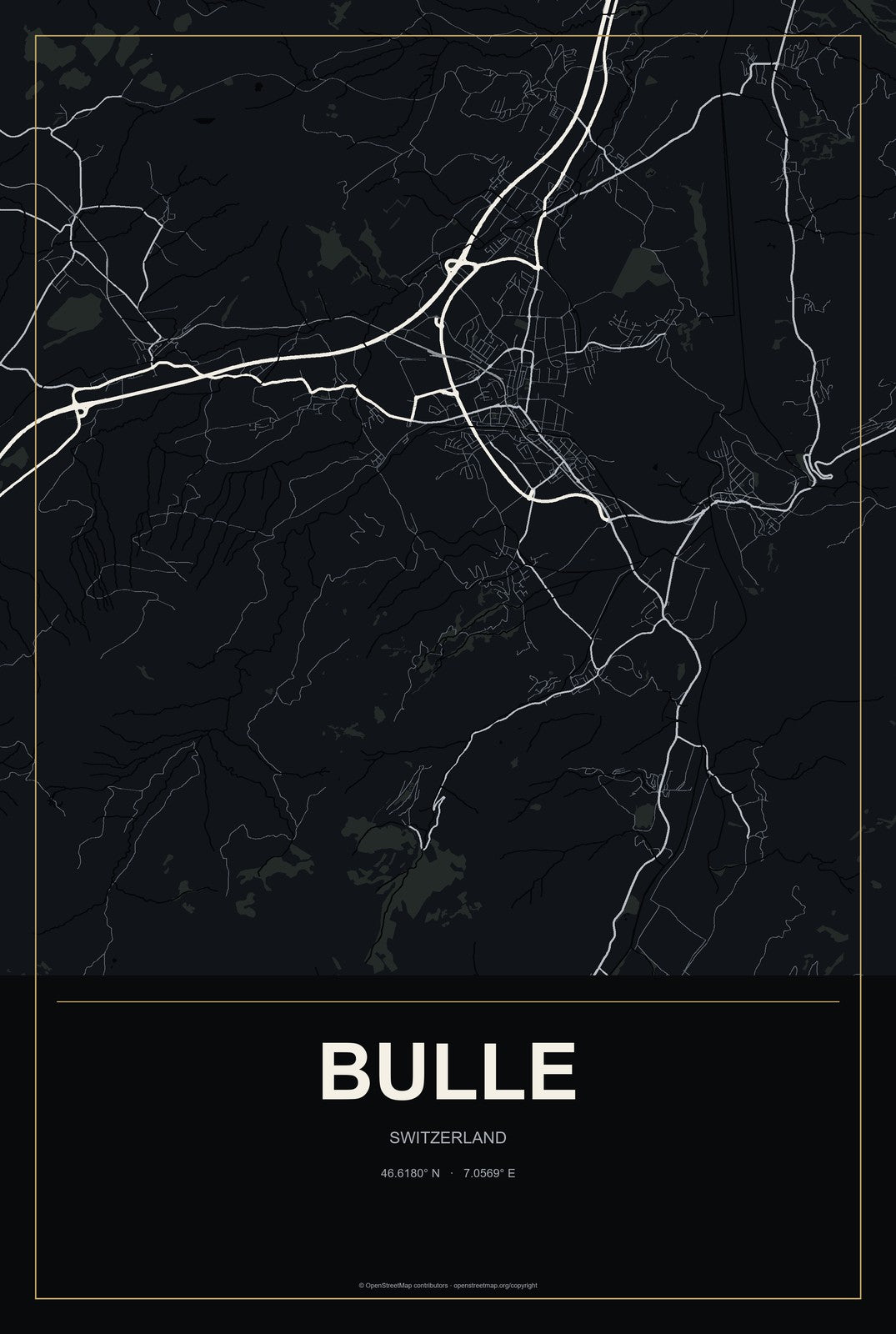 Bulle, Switzerland City Map Aluminum Sign in Metropolitan Noir style