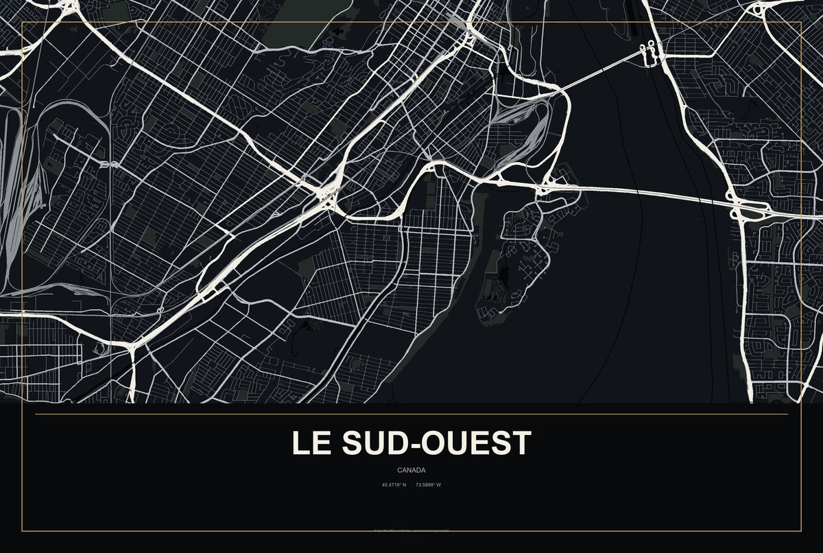Le Sud-Ouest, Canada City Map Aluminum Sign in Metropolitan Noir style