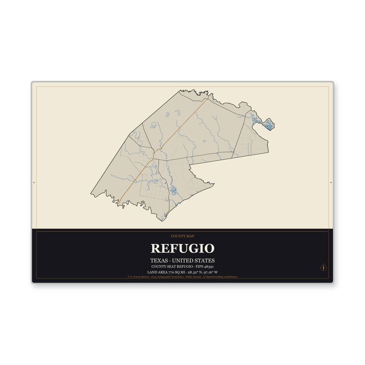 Refugio County, Texas Map Aluminum Sign in Museum Plaque style