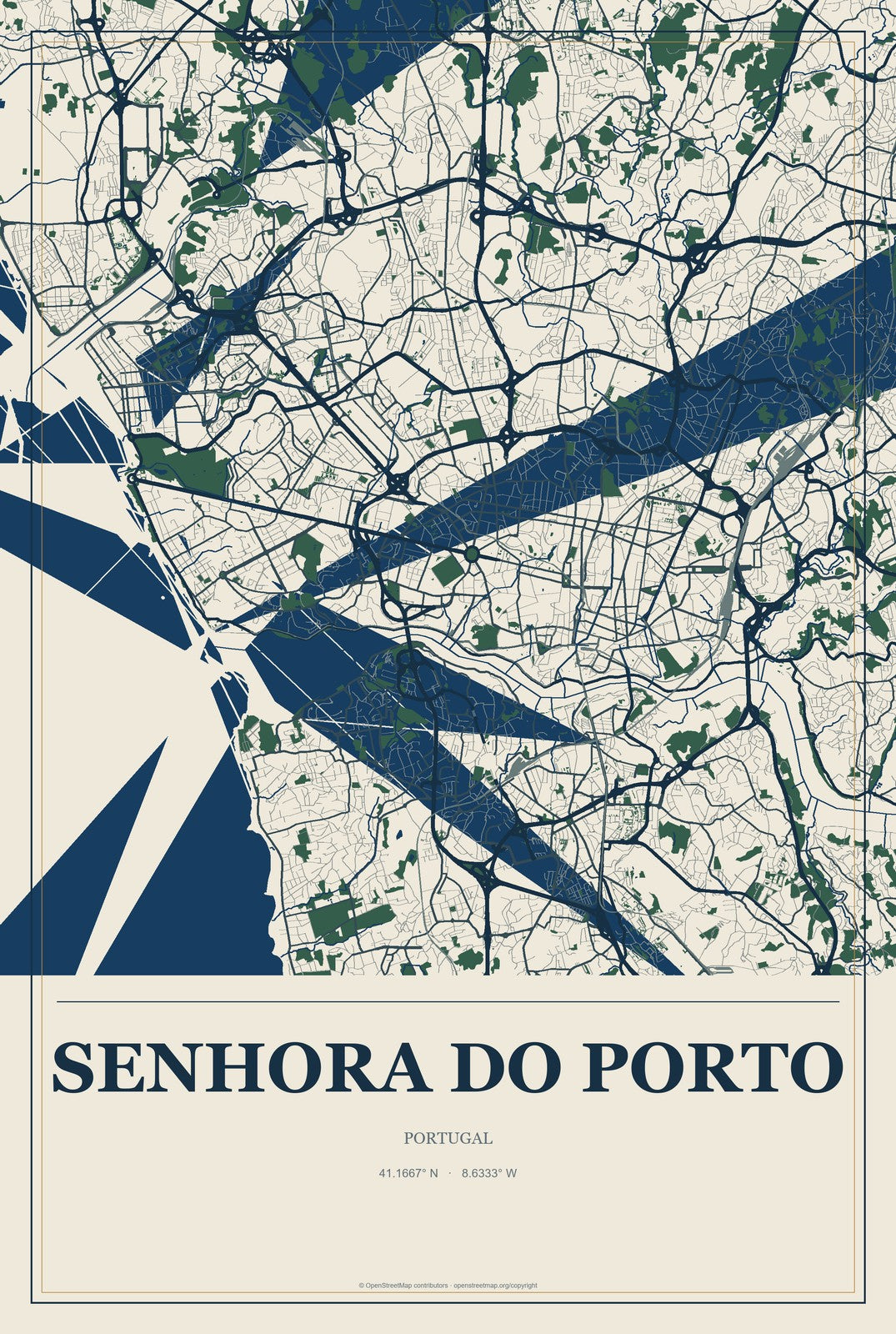 Senhora do Porto, Portugal City Map Aluminum Sign in Coastal Cutout style