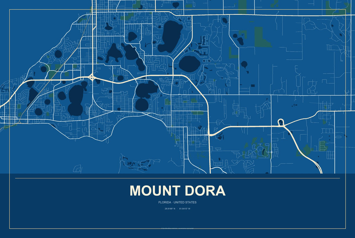 Mount Dora, Florida City Map Aluminum Sign in Harbor Cobalt style