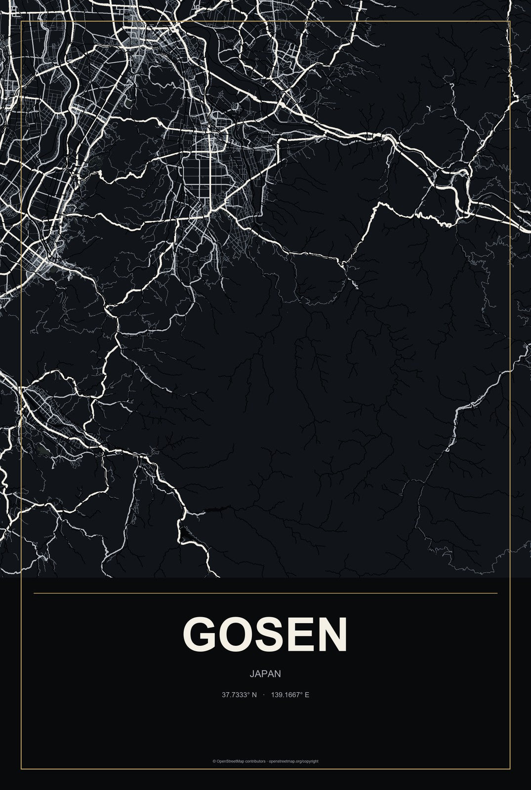 Gosen, Japan City Map Aluminum Sign in Metropolitan Noir style