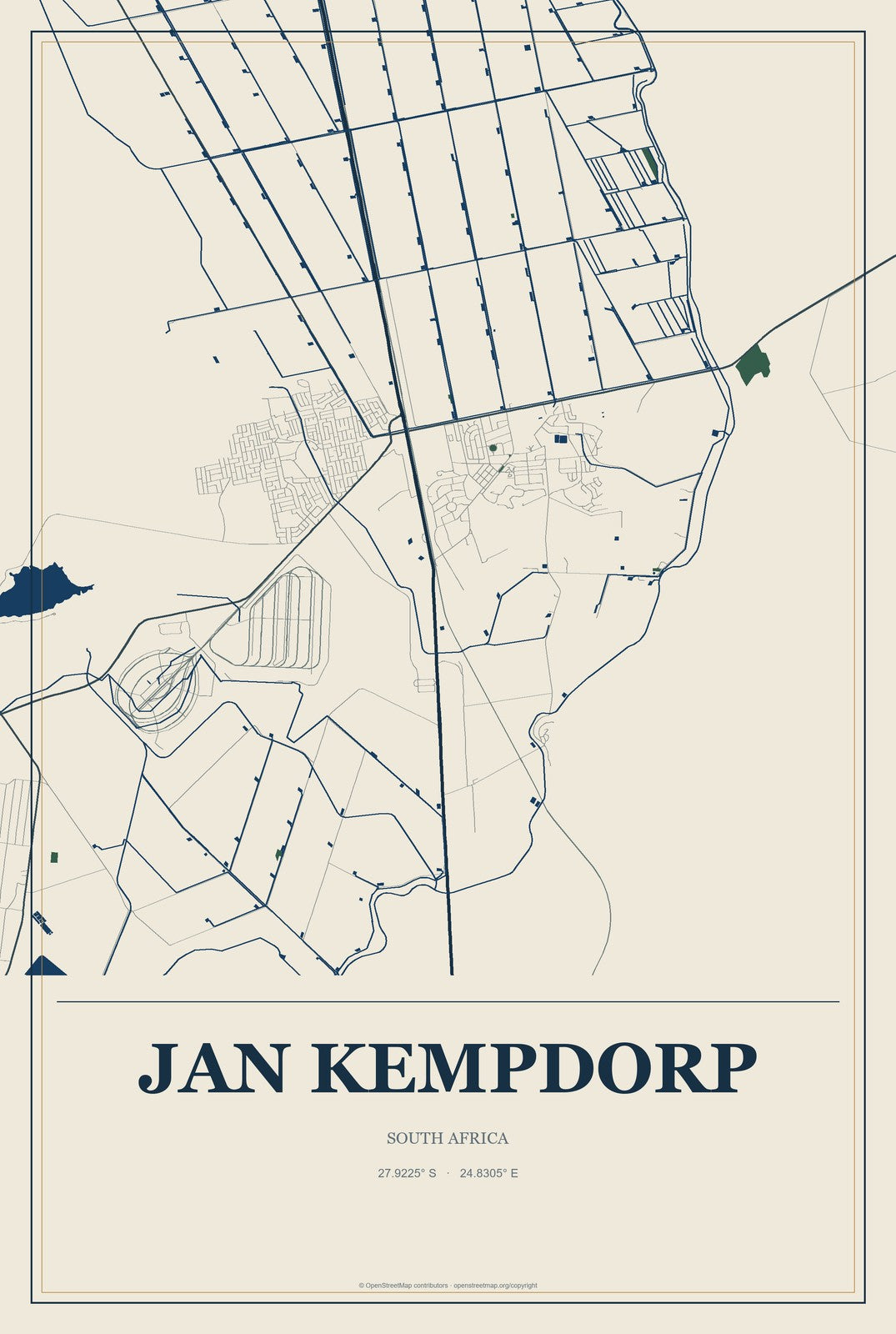 Jan Kempdorp, South Africa City Map Aluminum Sign in Coastal Cutout style