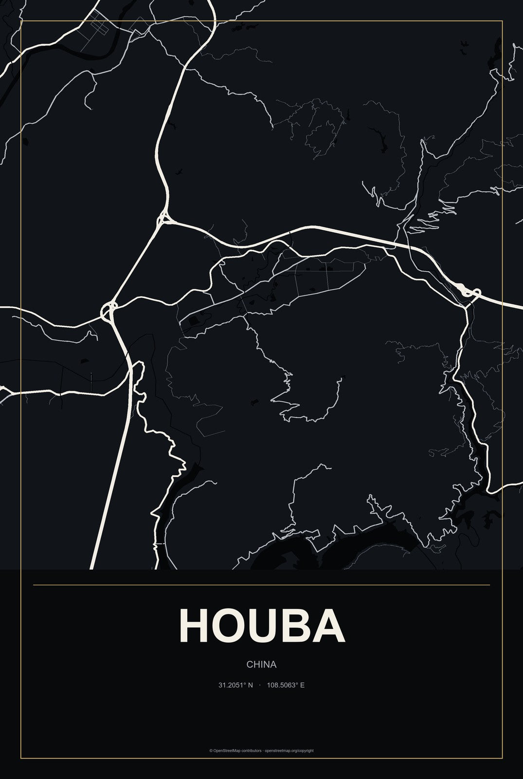 Houba, China City Map Aluminum Sign in Metropolitan Noir style