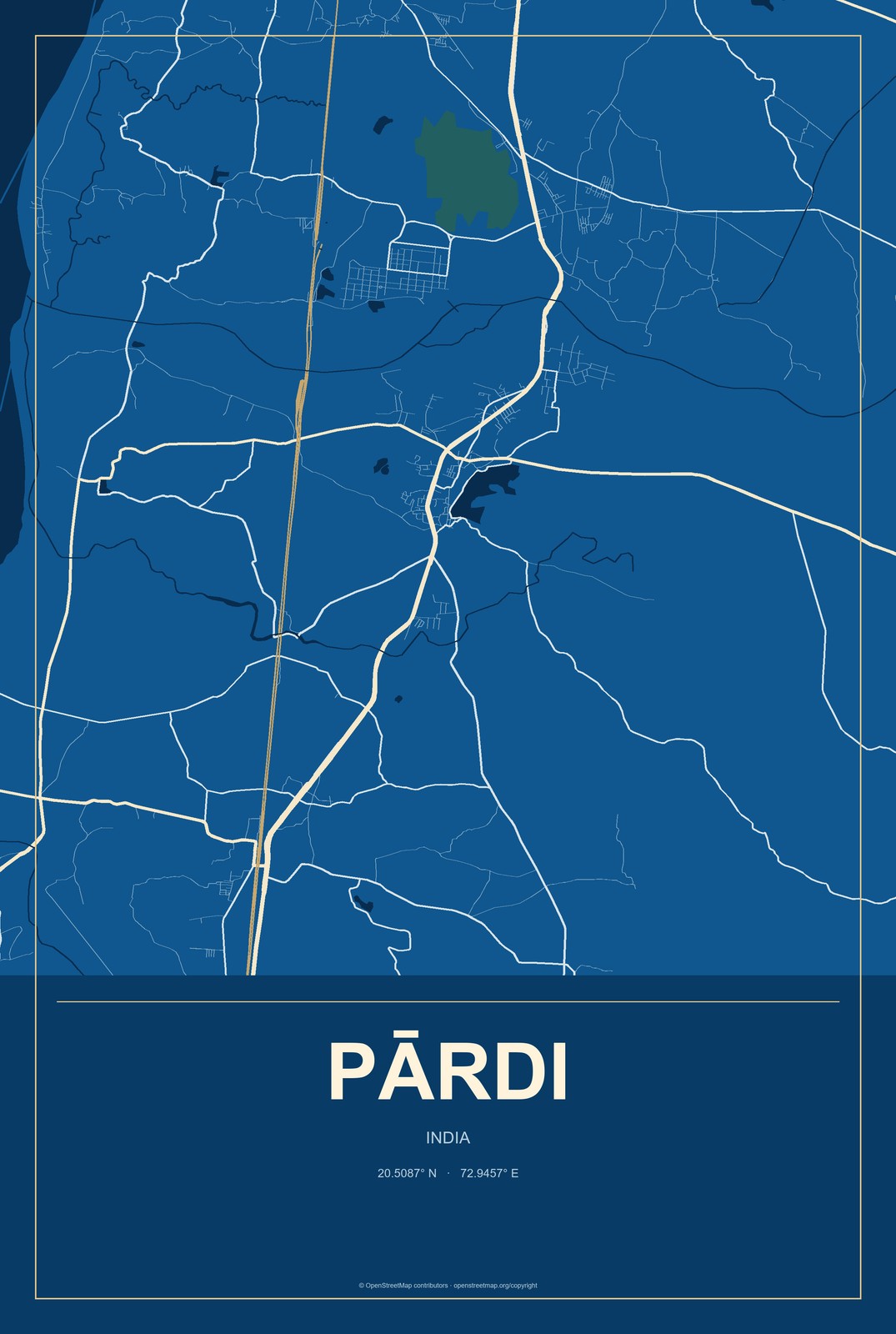 Pārdi, India City Map Aluminum Sign in Harbor Cobalt style