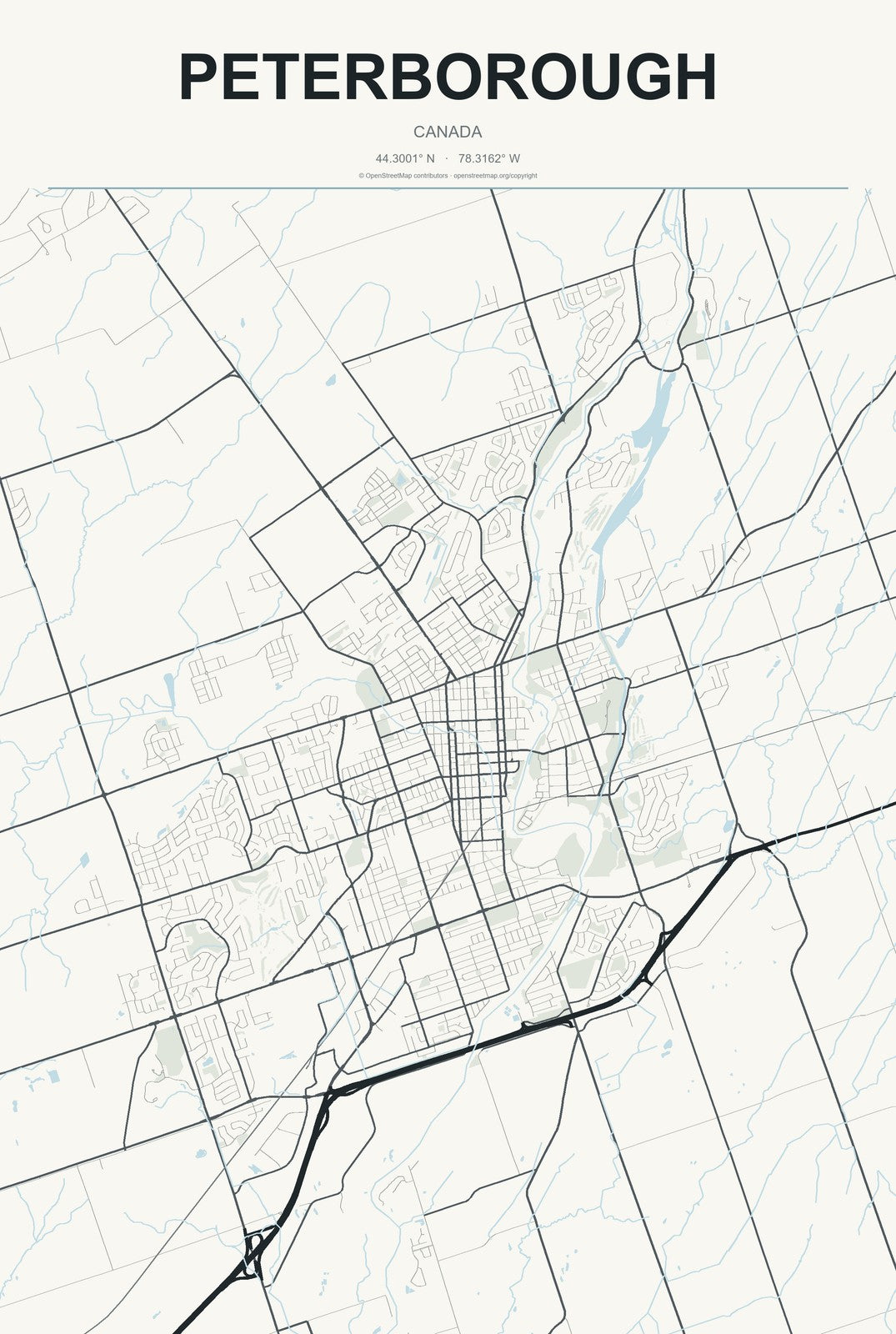 Peterborough, Canada City Map Aluminum Sign in Headline Atlas style
