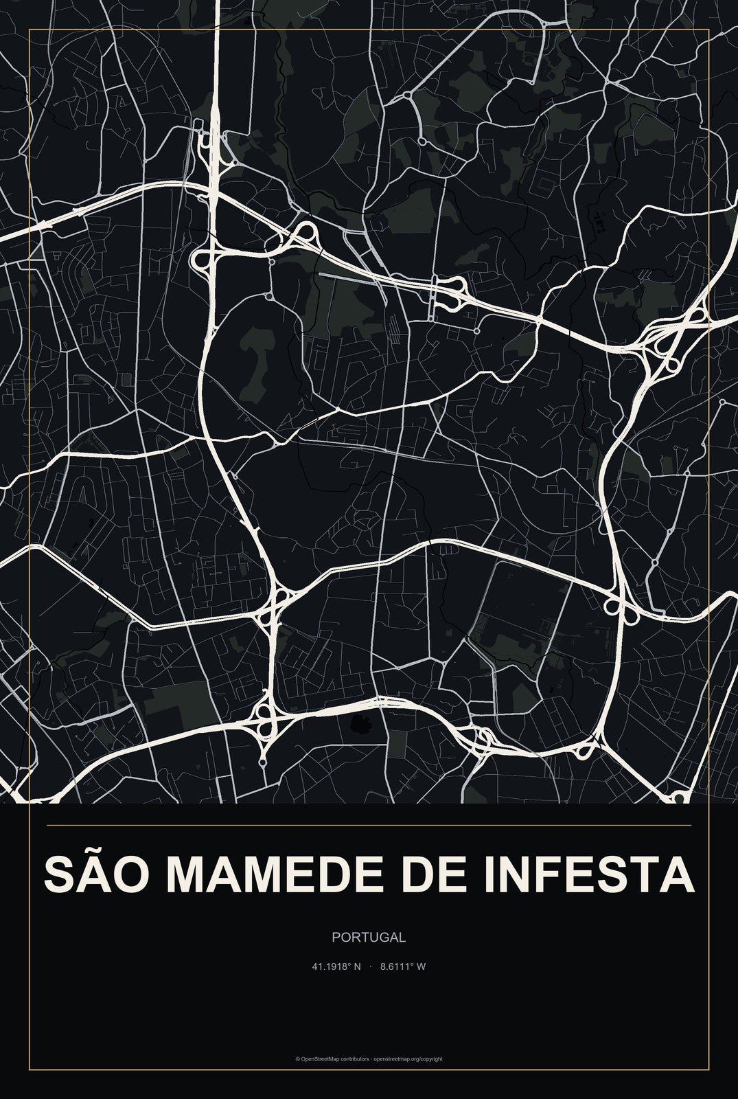 São Mamede de Infesta, Portugal City Map Aluminum Sign in Metropolitan Noir style