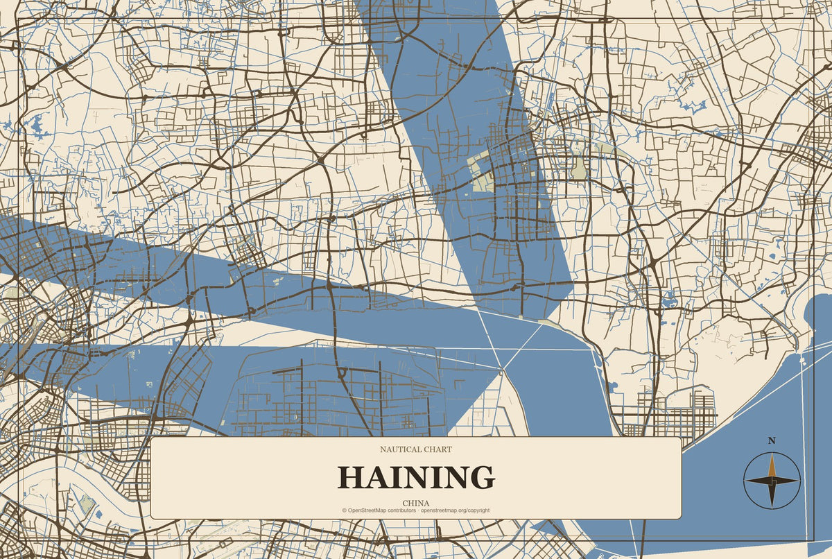 Haining, China City Map Aluminum Sign in Heritage Nautical style