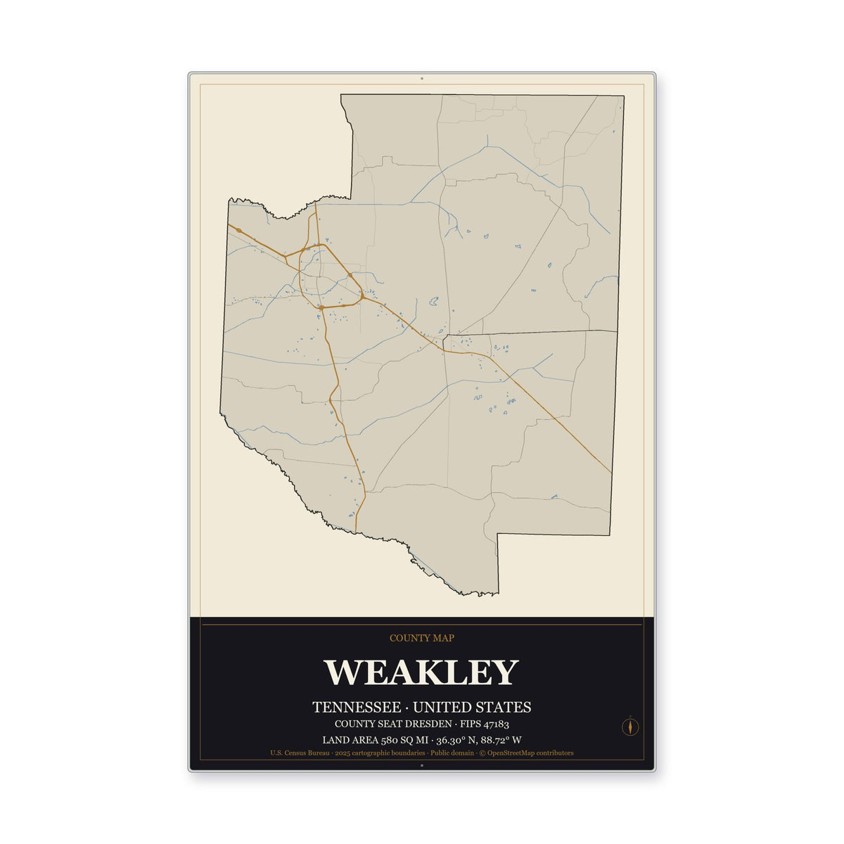 Weakley County, Tennessee Map Aluminum Sign in Museum Plaque style
