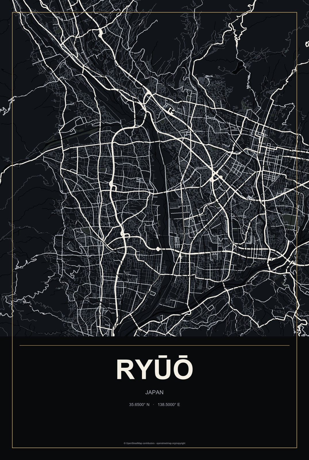 Ryūō, Yamanashi, Japan City Map Aluminum Sign in Metropolitan Noir style