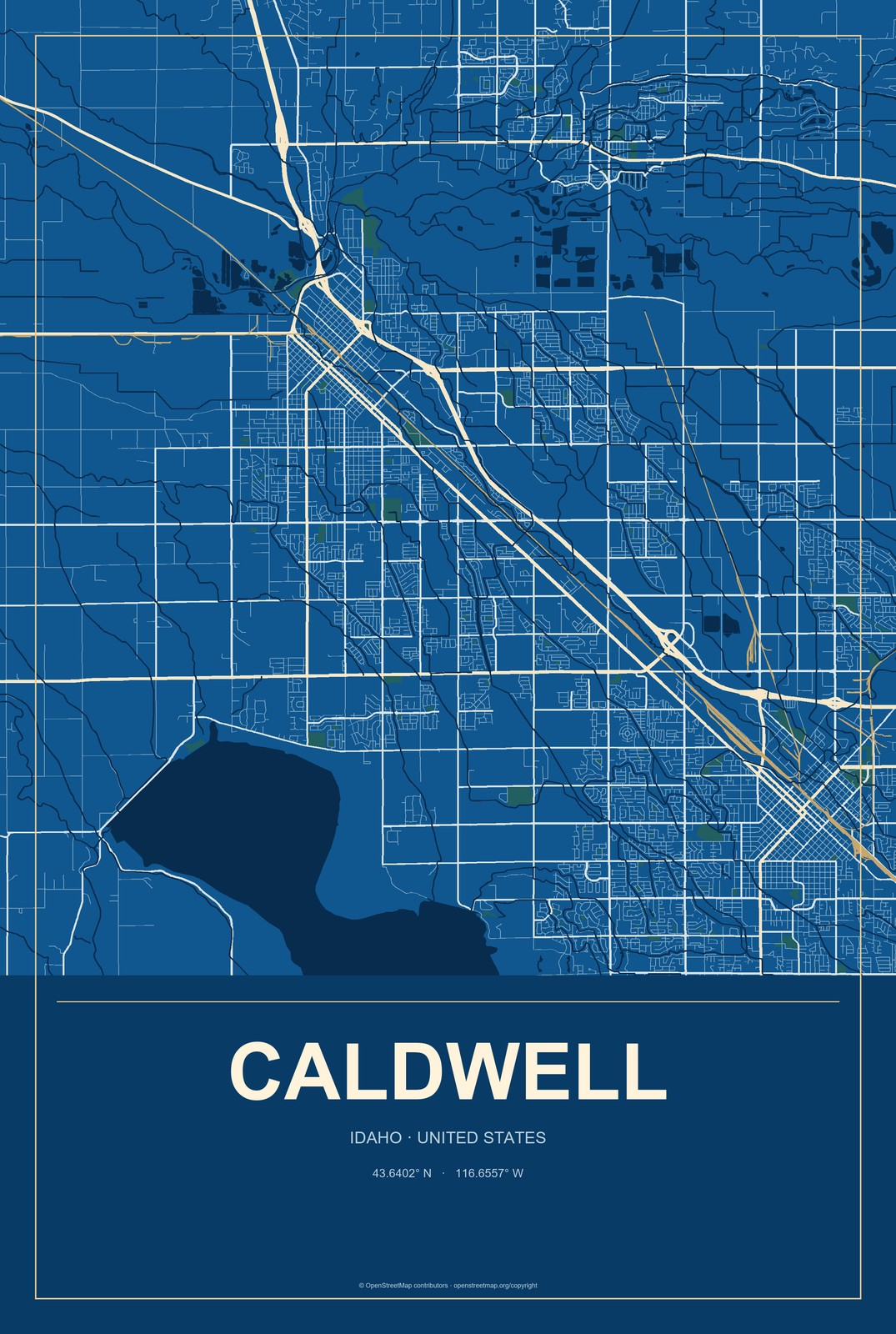 Caldwell, Idaho City Map Aluminum Sign in Harbor Cobalt style
