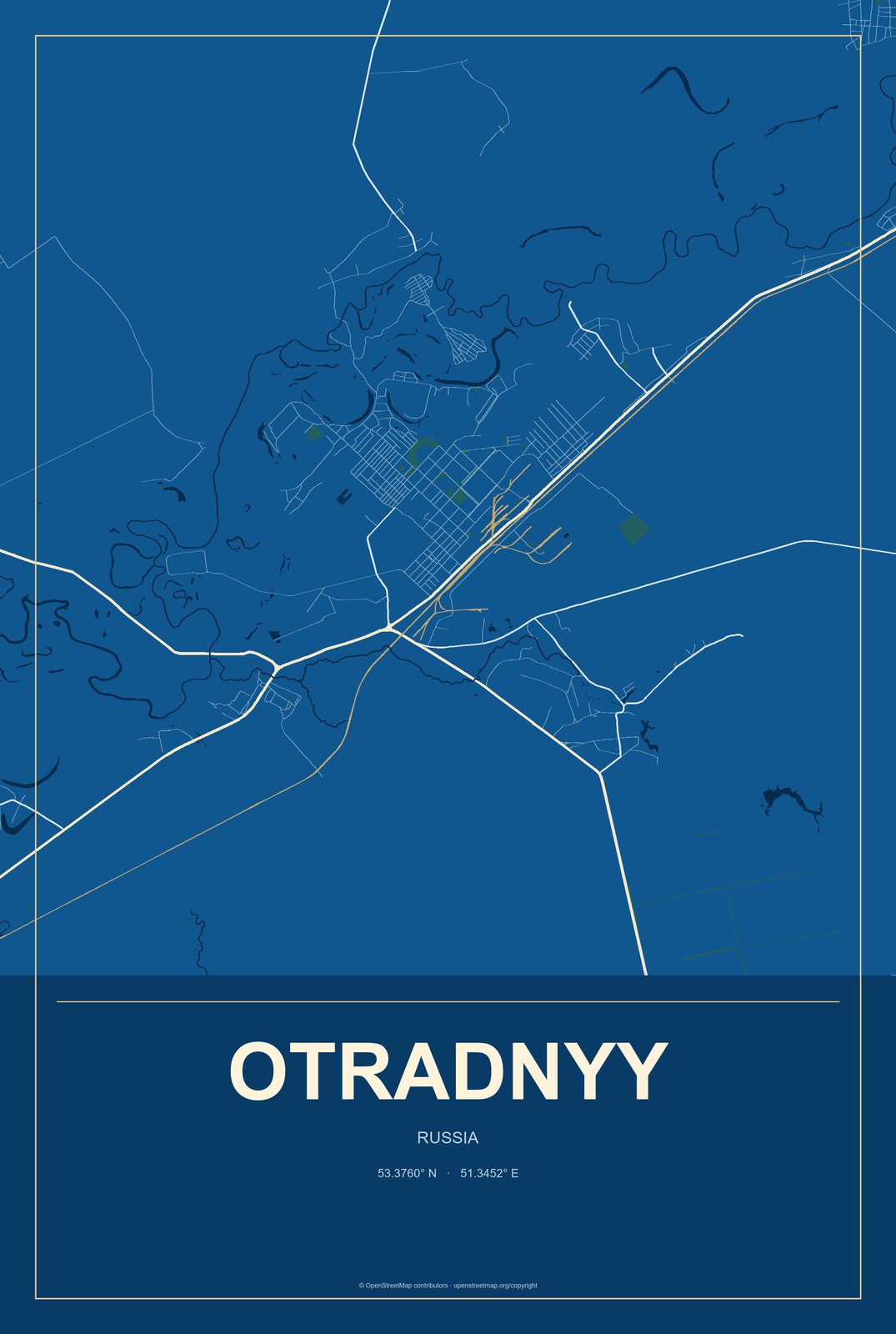 Otradnyy, Russia City Map Aluminum Sign in Harbor Cobalt style