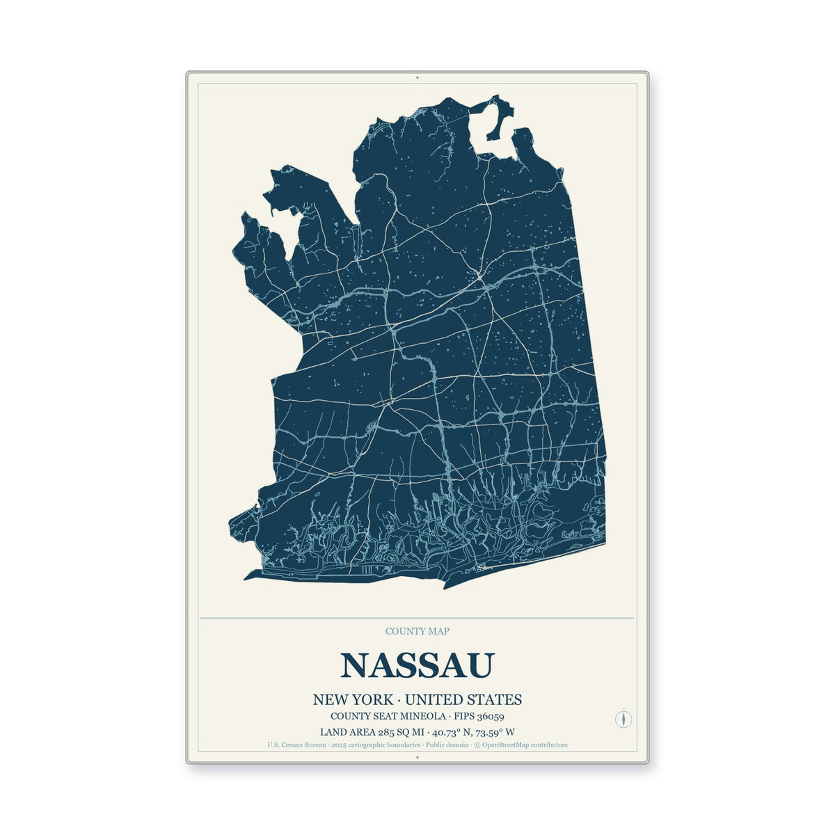 Nassau County, New York Map Aluminum Sign in Coastal Cutout style