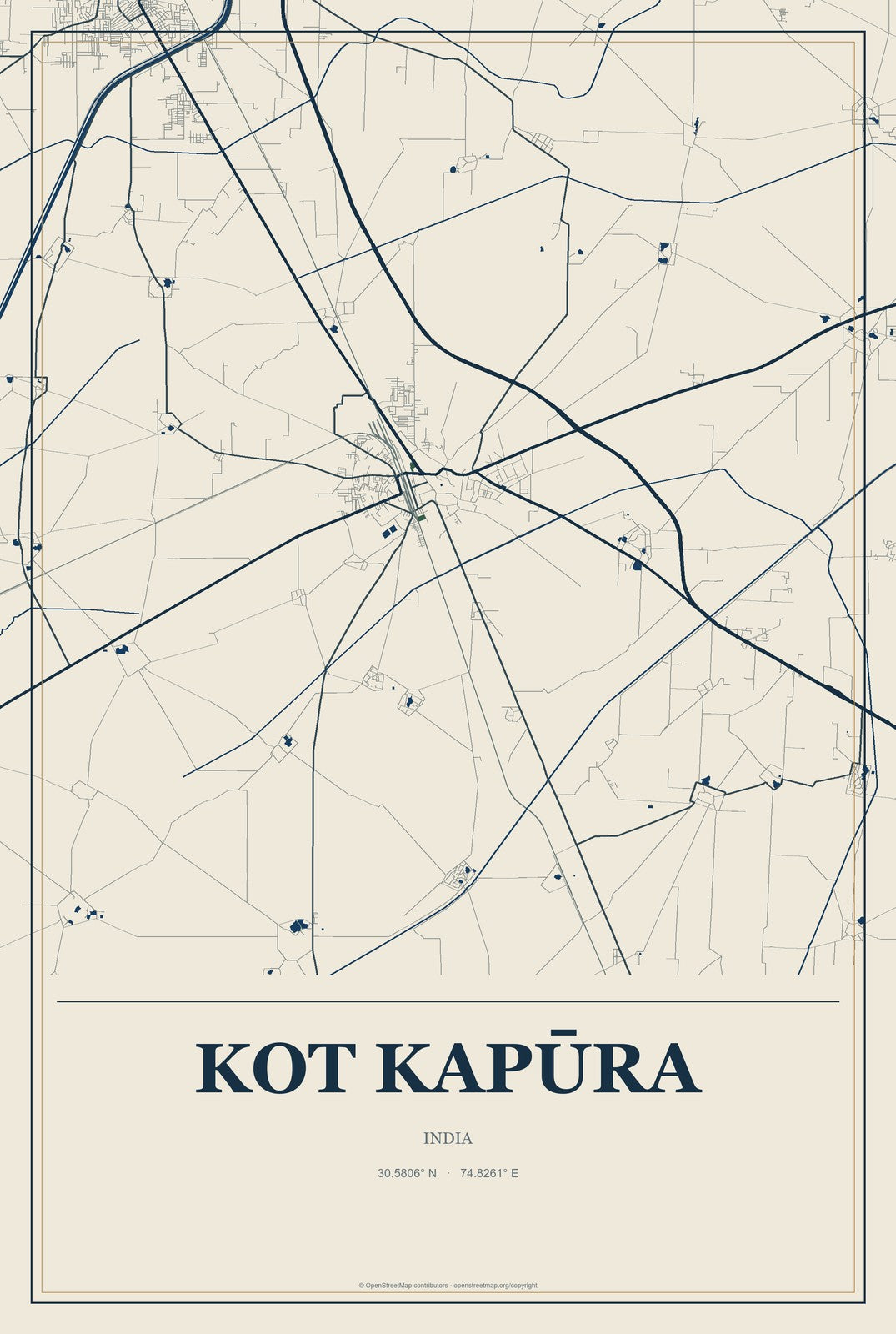 Kot Kapūra, India City Map Aluminum Sign in Coastal Cutout style