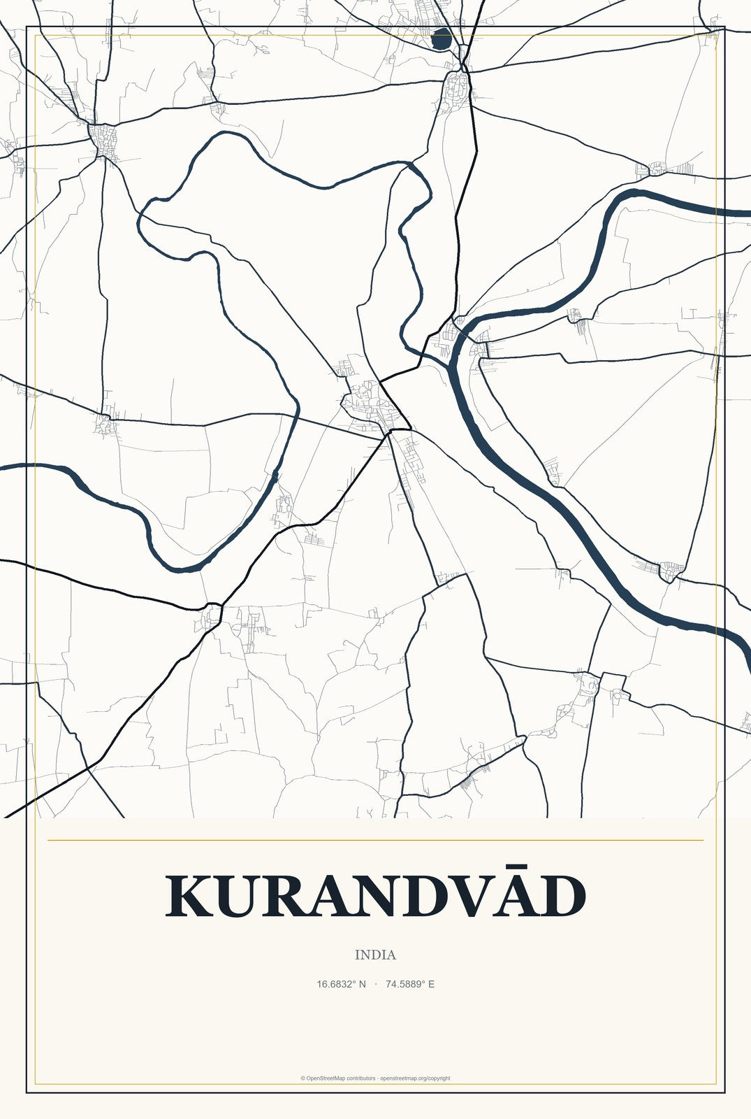 Kurandvād, India City Map Aluminum Sign in Citrine Modern style