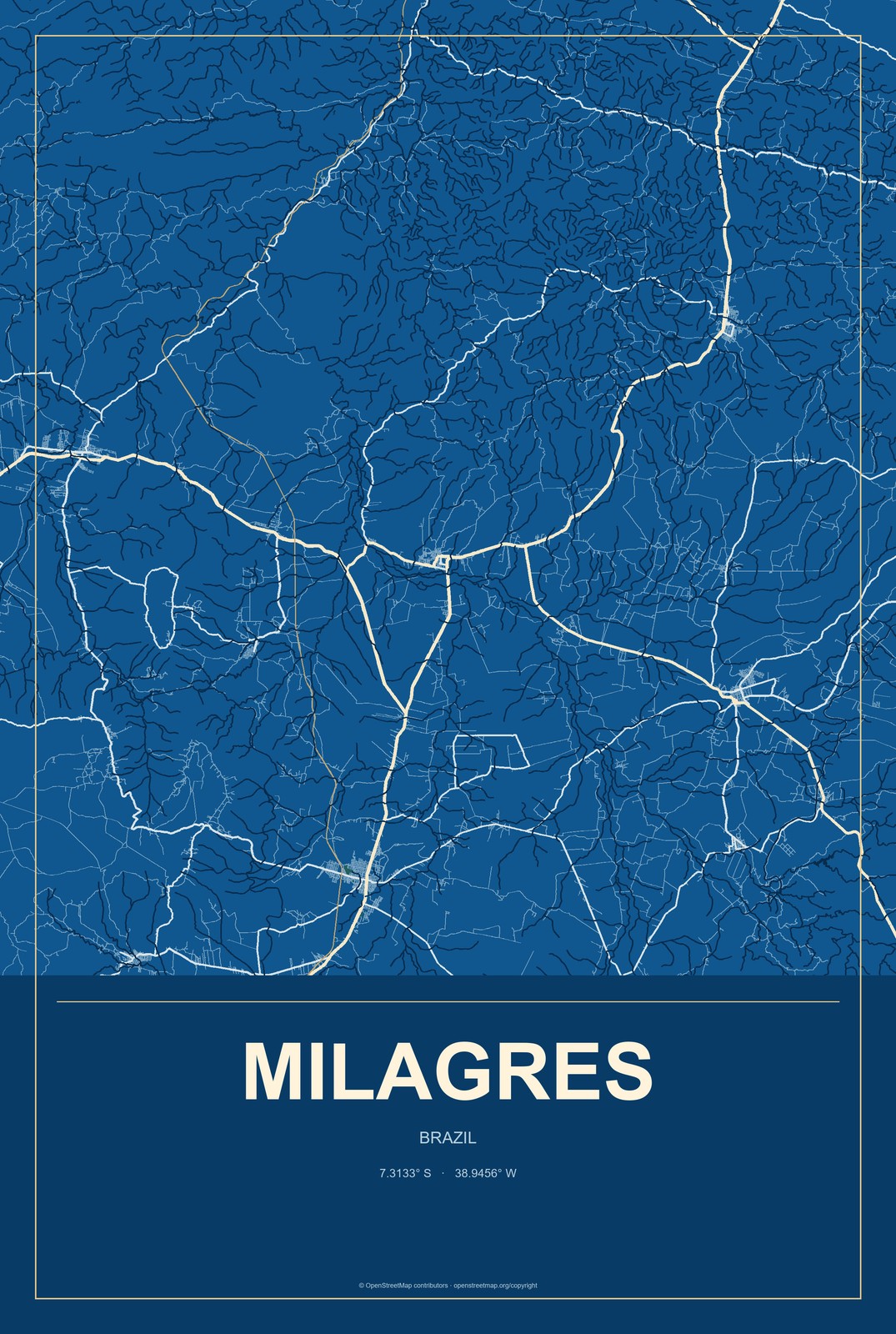 Milagres, Ceará, Brazil City Map Aluminum Sign in Harbor Cobalt style