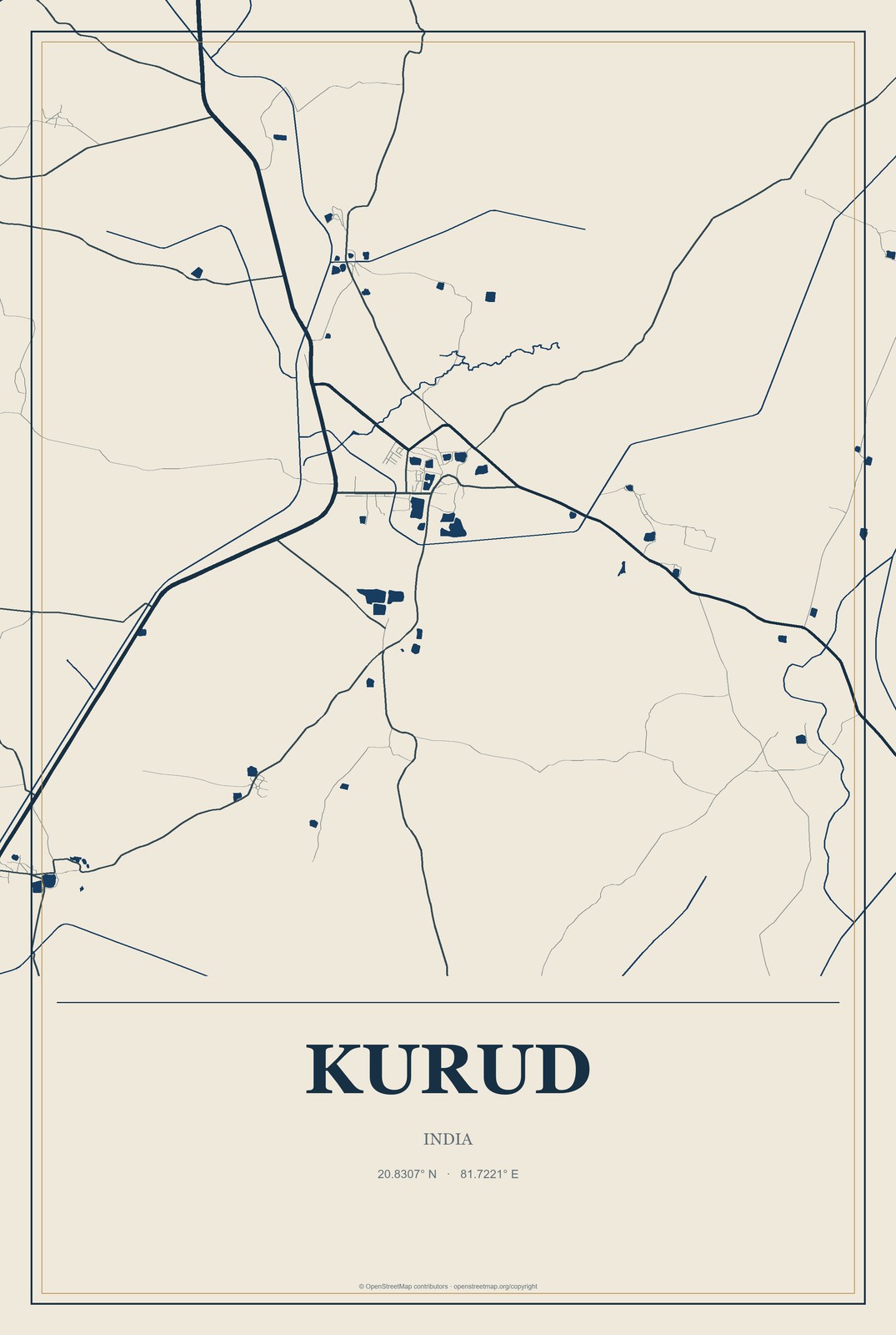 Kurud, India City Map Aluminum Sign in Coastal Cutout style