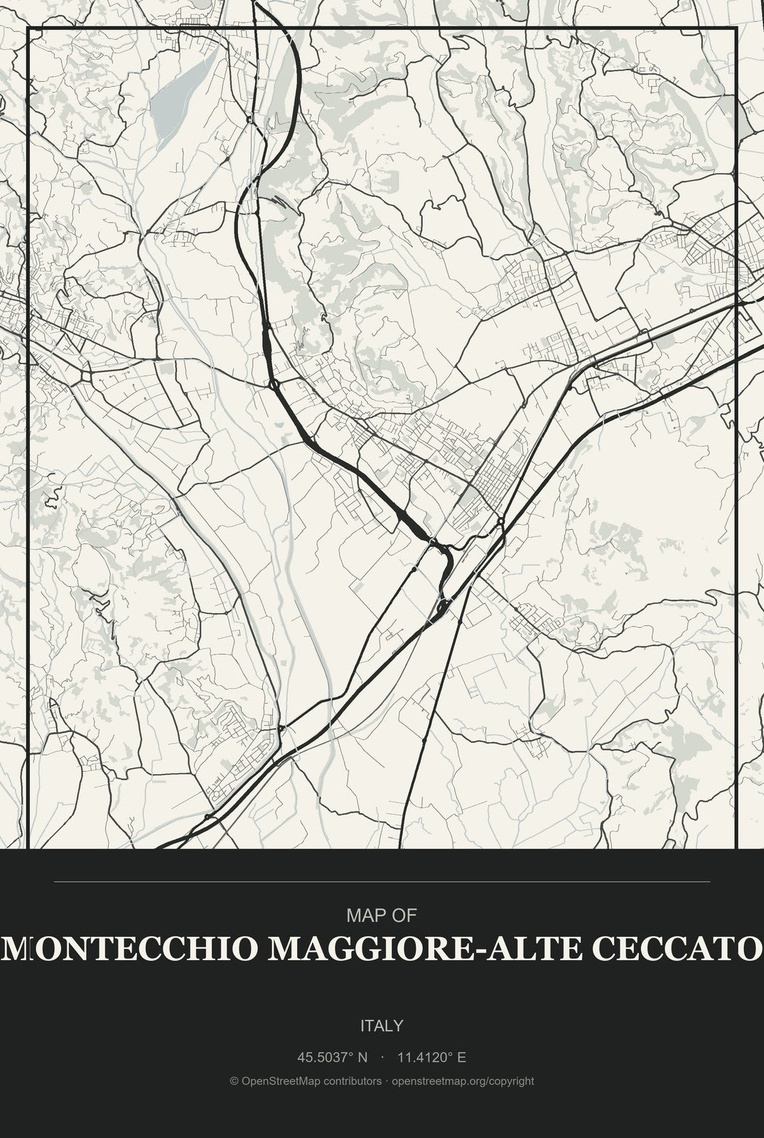 Montecchio Maggiore-Alte Ceccato, Italy City Map Aluminum Sign in Museum Plaque style