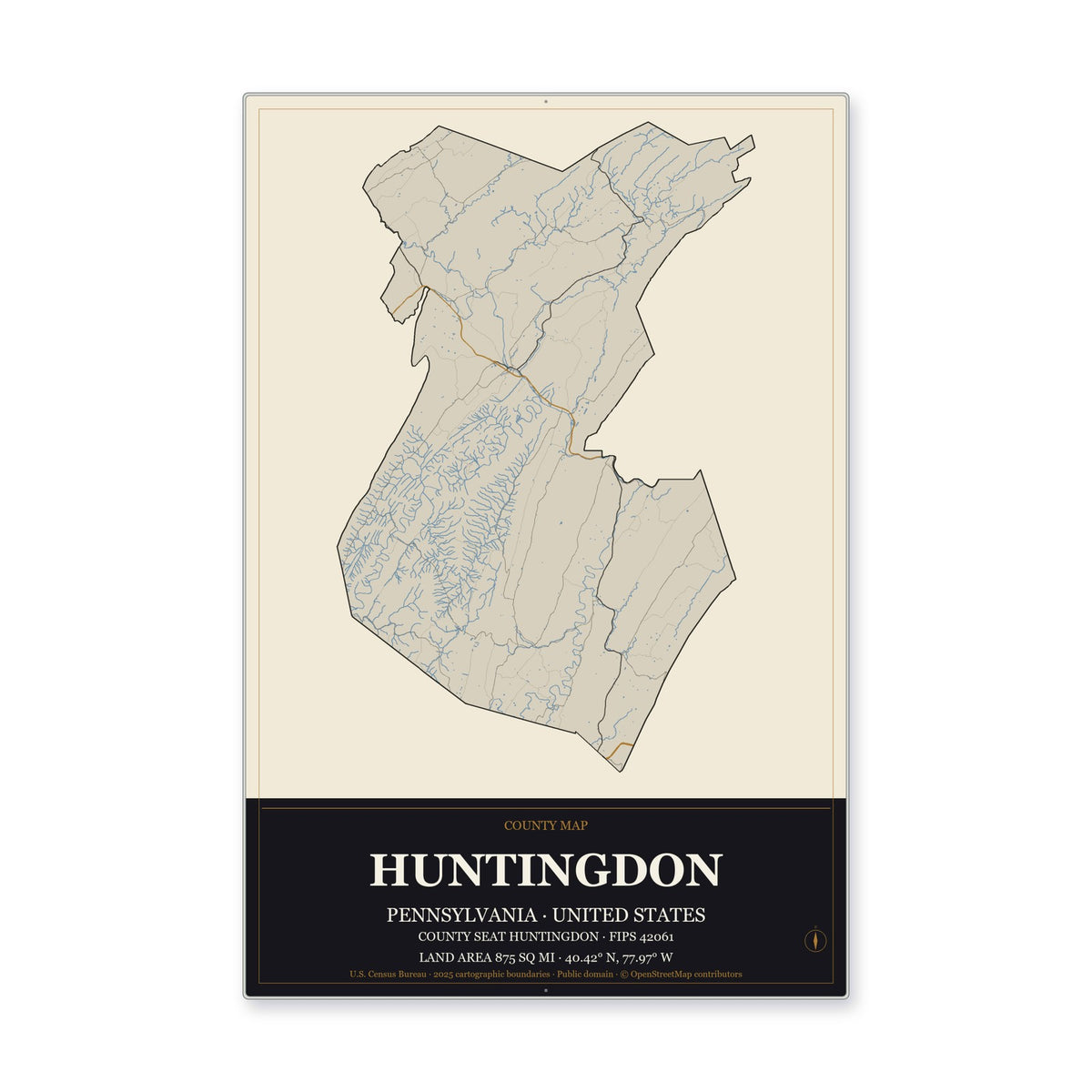 Huntingdon County, Pennsylvania Map Aluminum Sign in Museum Plaque style