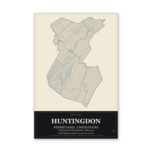 Huntingdon County, Pennsylvania Map Aluminum Sign in Museum Plaque style