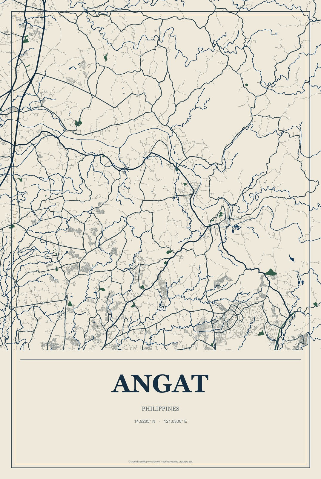 Angat, Philippines City Map Aluminum Sign in Coastal Cutout style