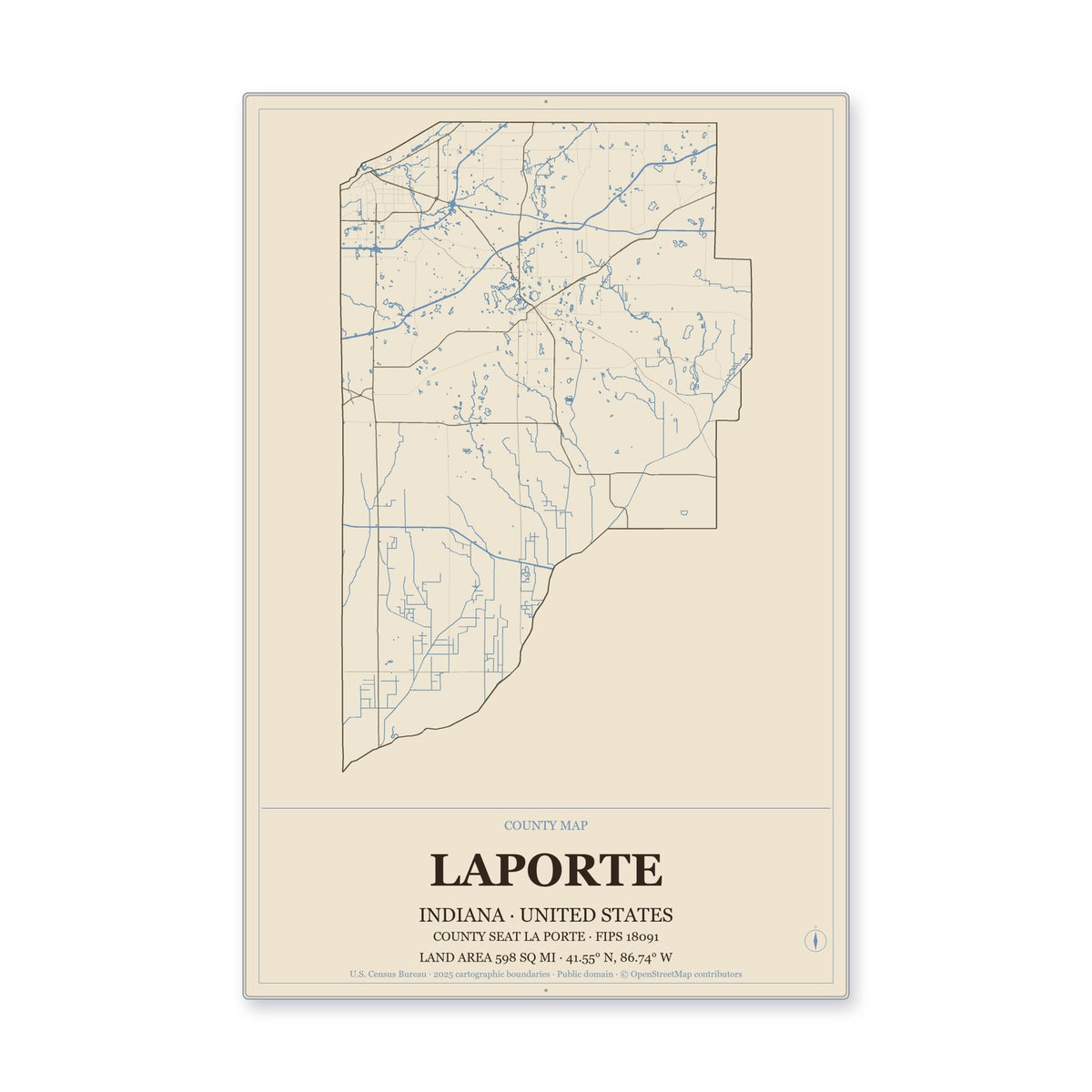 LaPorte County, Indiana Map Aluminum Sign in Heritage Nautical style