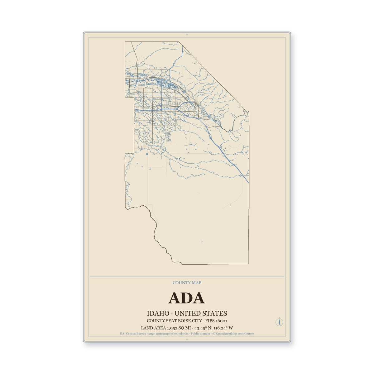Ada County, Idaho Map Aluminum Sign in Heritage Nautical style