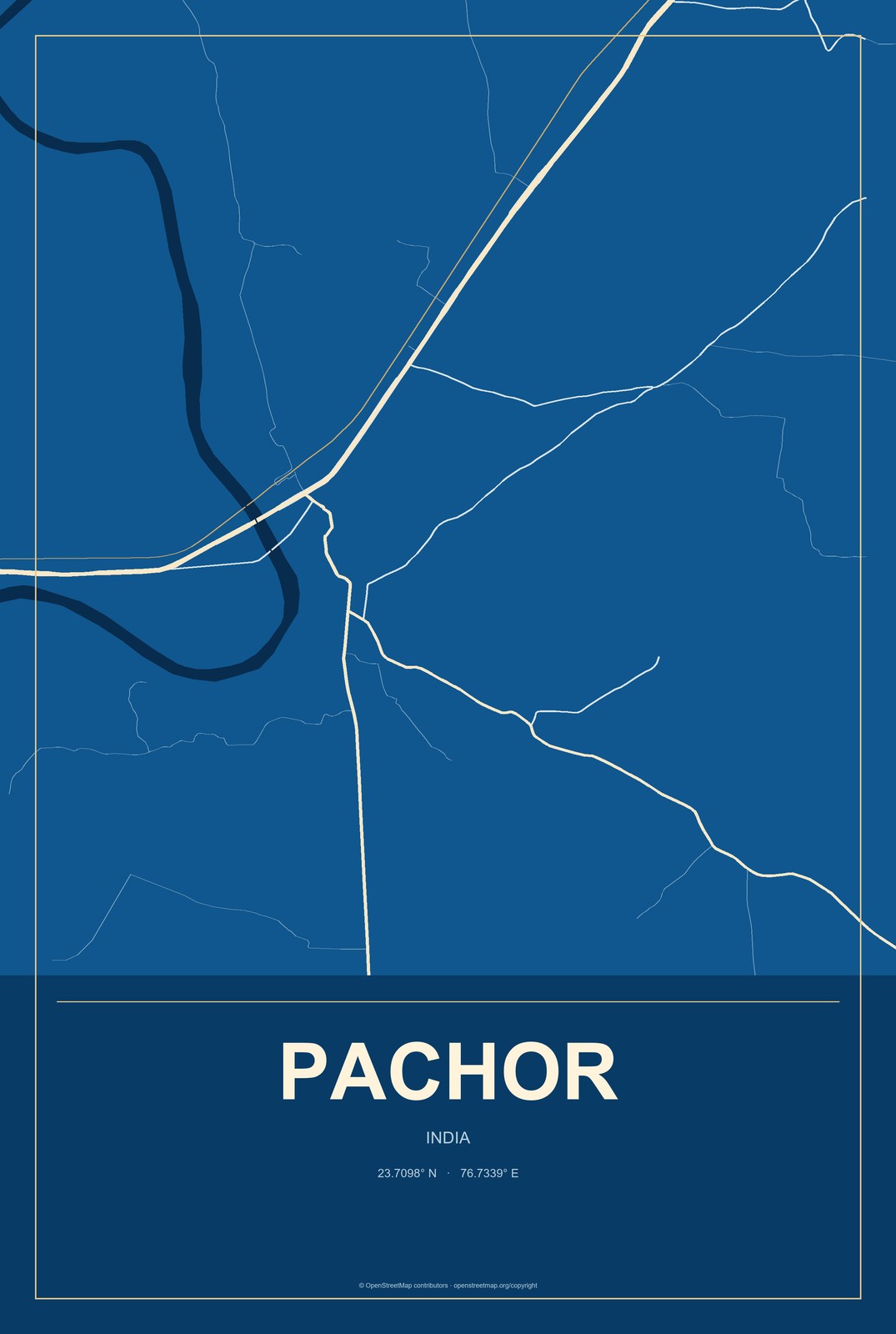 Pachor, India City Map Aluminum Sign in Harbor Cobalt style