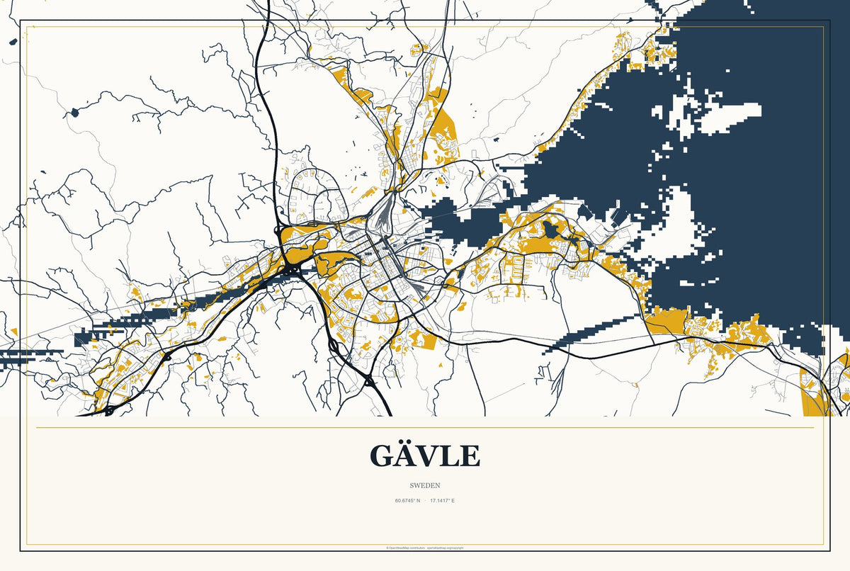 Gävle, Sweden City Map Aluminum Sign in Citrine Modern style
