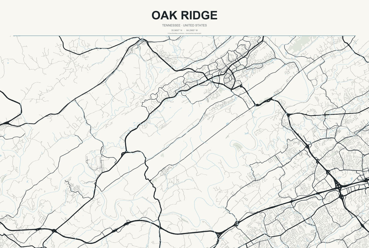 Oak Ridge, Tennessee City Map Aluminum Sign in Headline Atlas style