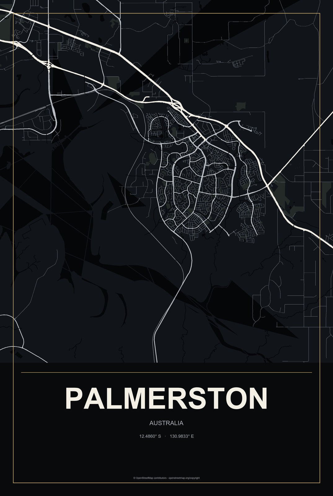 Palmerston, Australia City Map Aluminum Sign in Metropolitan Noir style