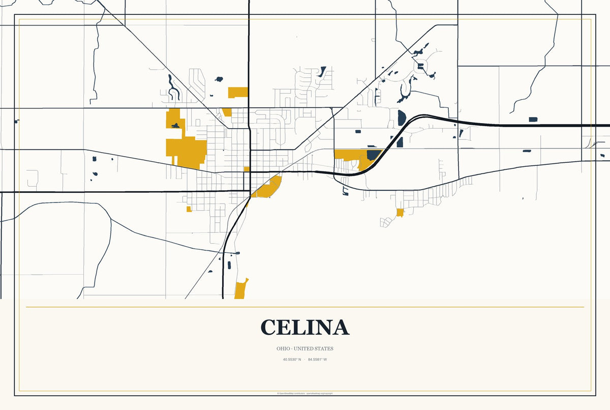 Celina, Ohio City Map Aluminum Sign in Citrine Modern style