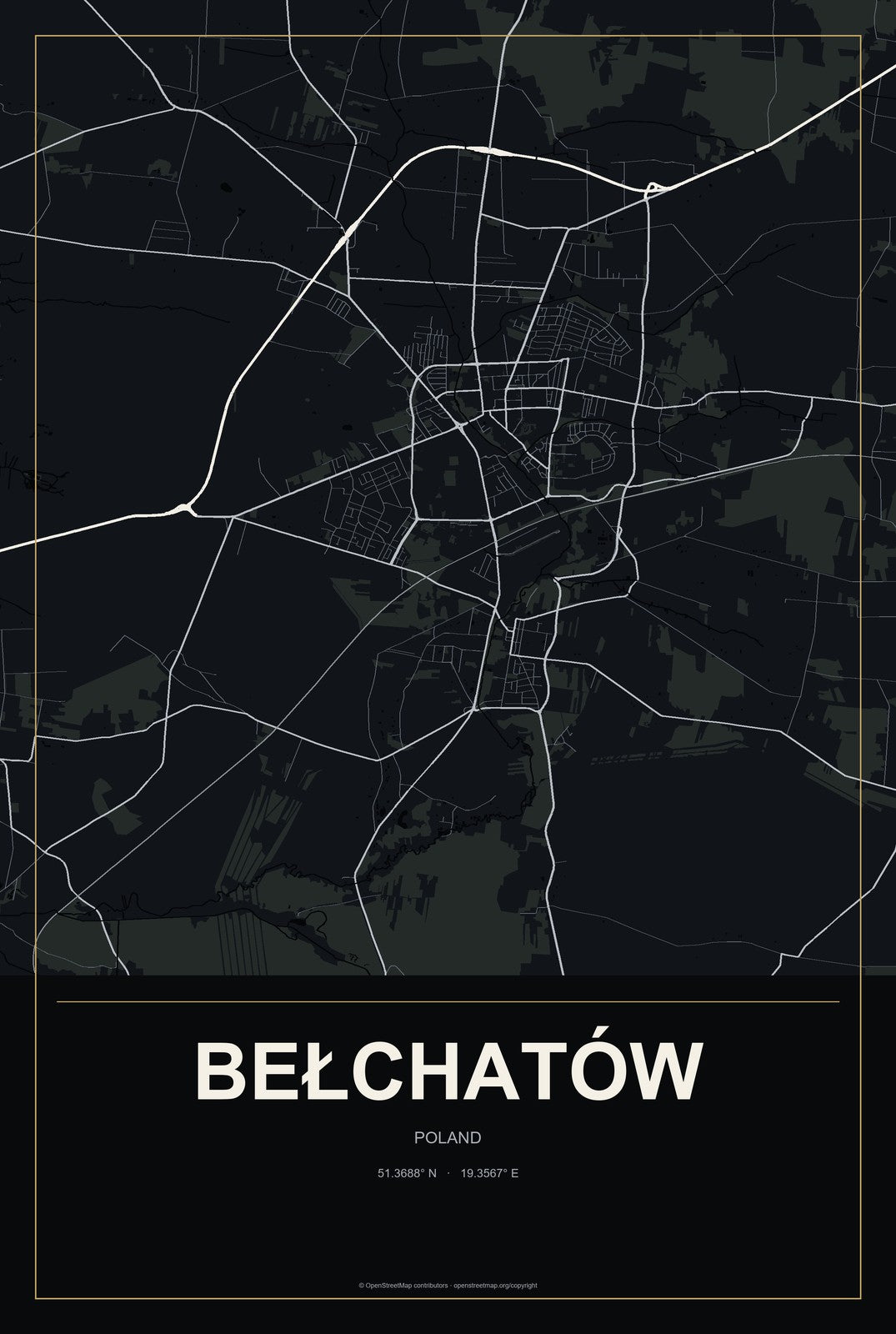 Bełchatów, Poland City Map Aluminum Sign in Metropolitan Noir style