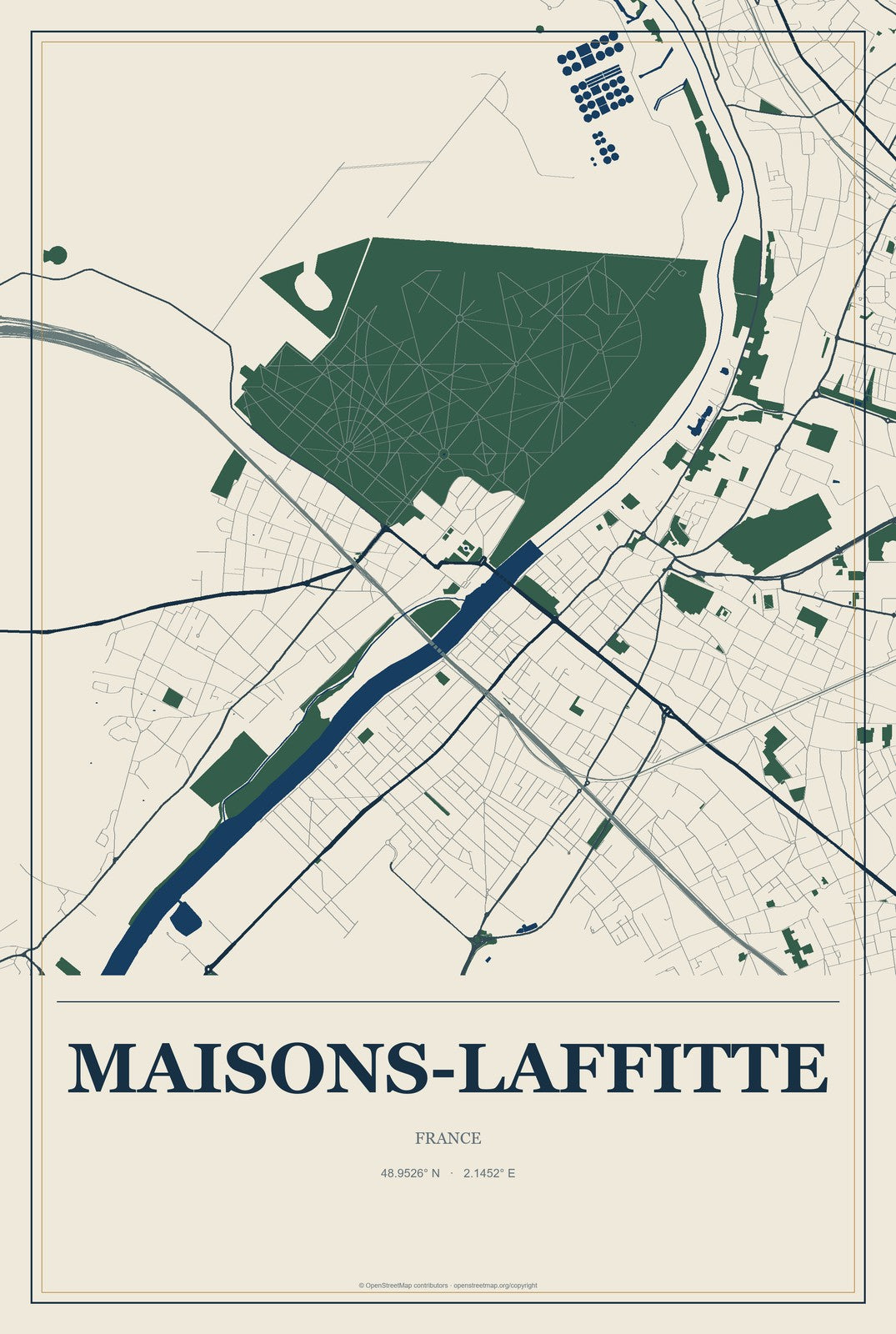 Maisons-Laffitte, France City Map Aluminum Sign in Coastal Cutout style