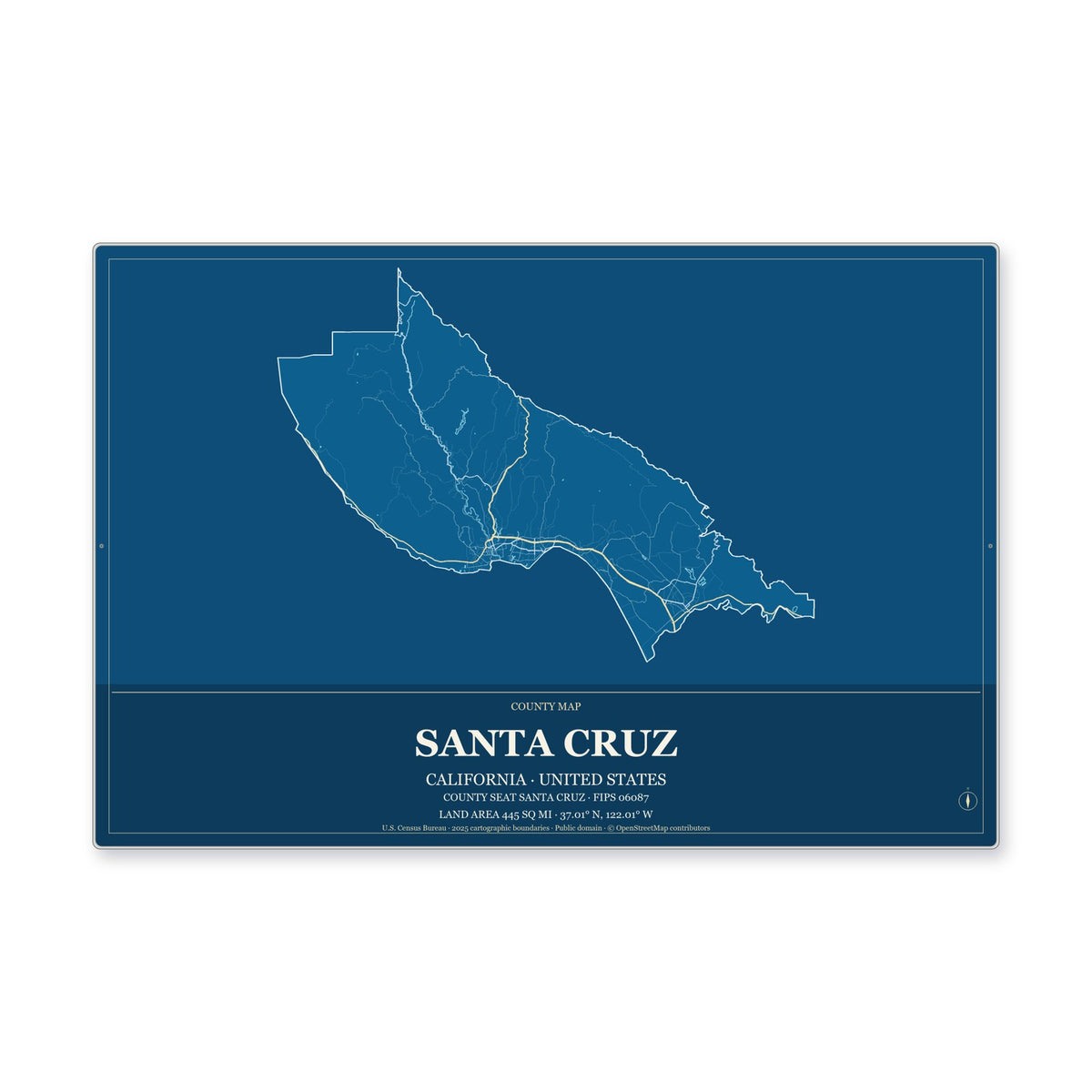 Santa Cruz County, California Map Aluminum Sign in Harbor Cobalt style