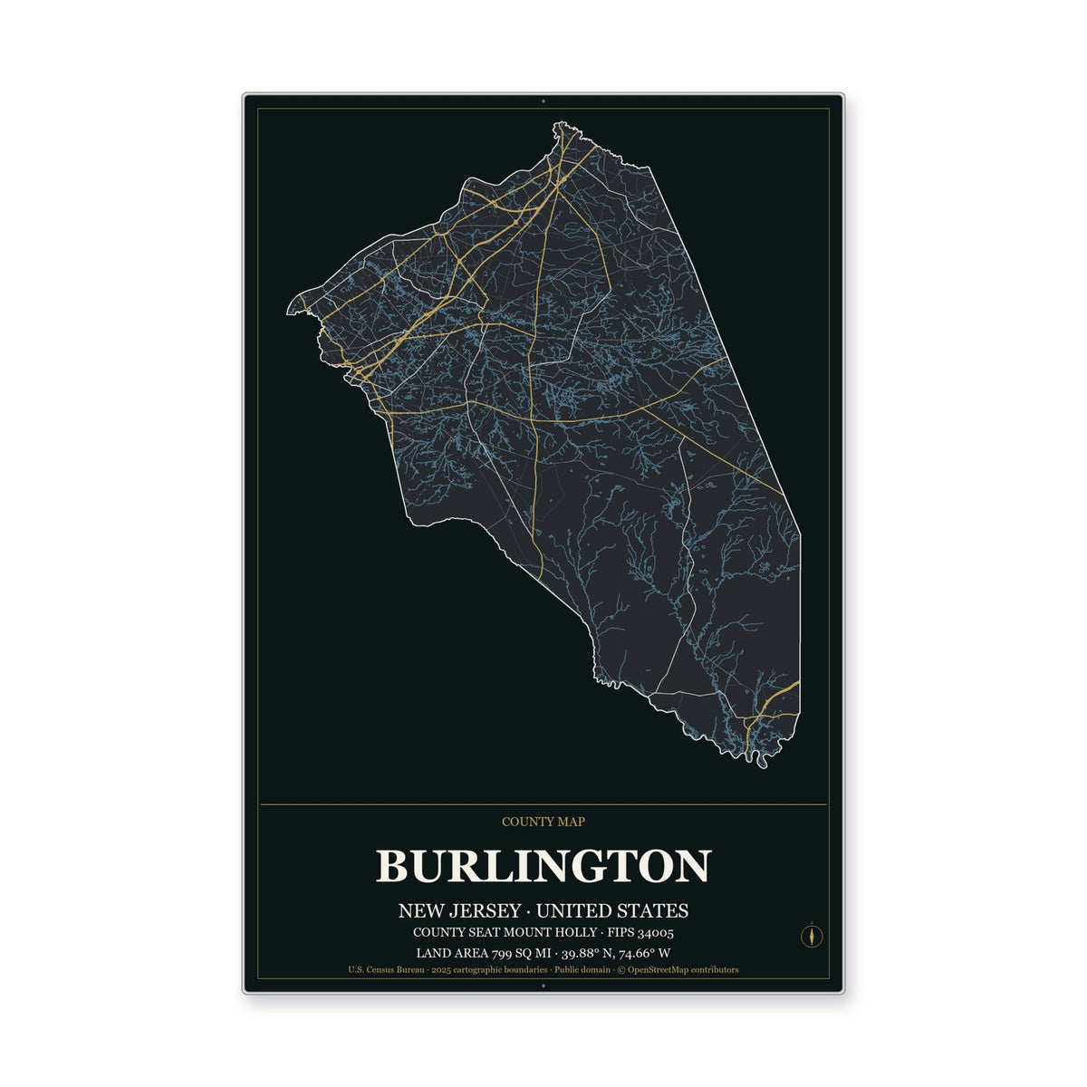 Burlington County, New Jersey Map Aluminum Sign in Metropolitan Noir style