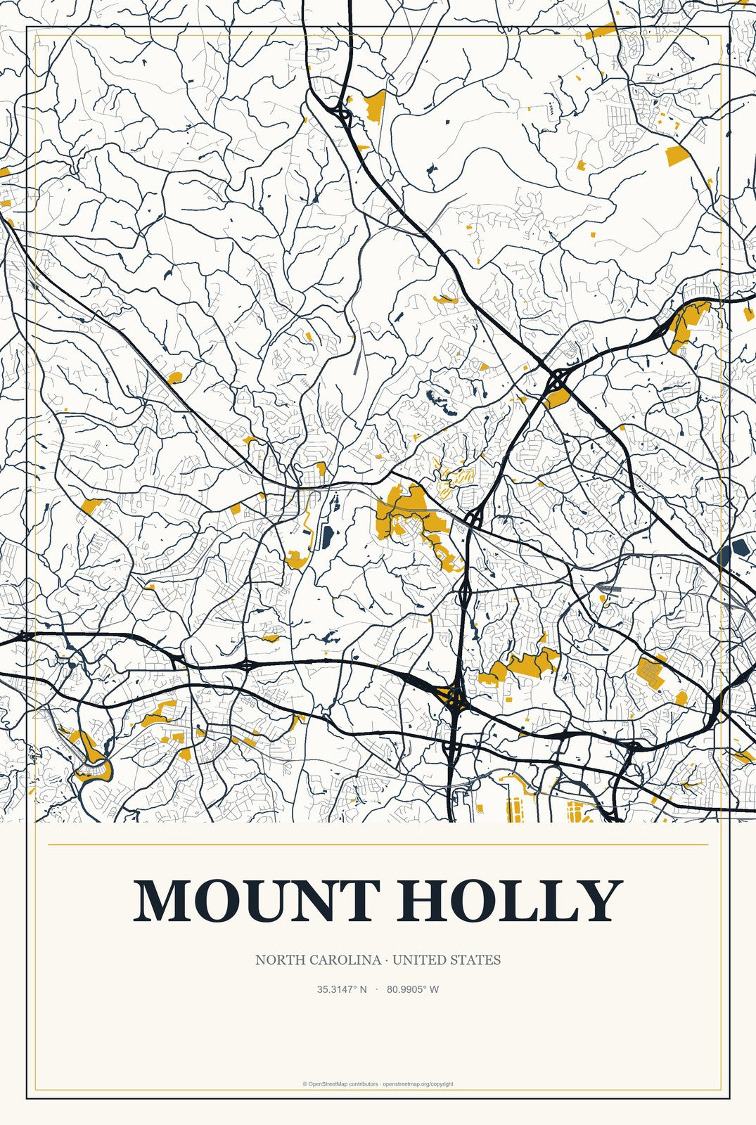 Mount Holly, North Carolina City Map Aluminum Sign in Citrine Modern style