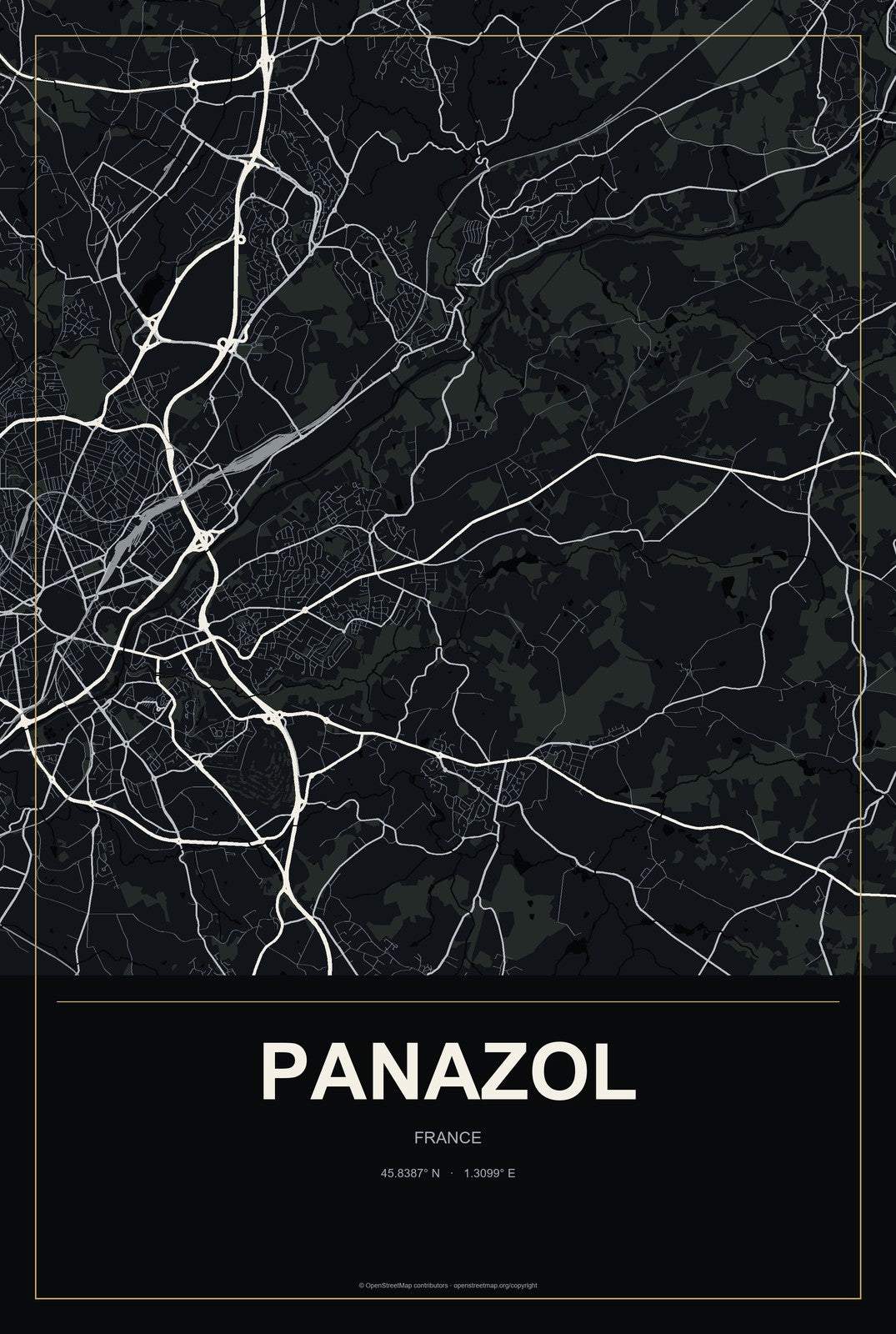 Panazol, France City Map Aluminum Sign in Metropolitan Noir style