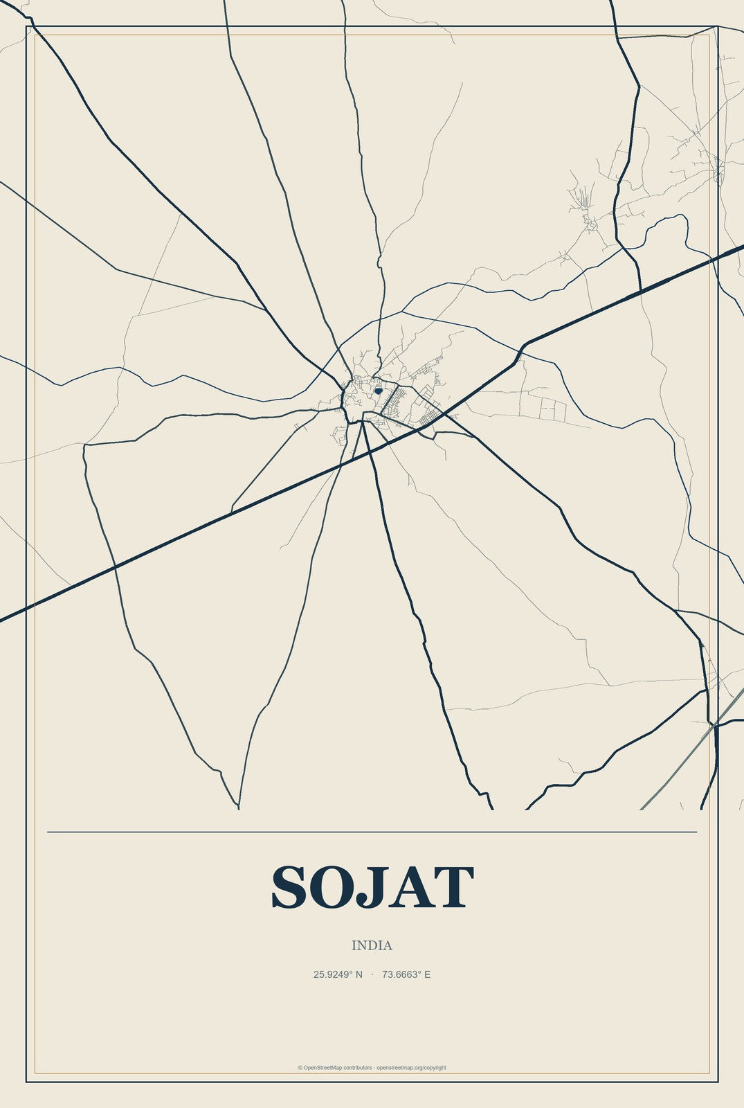 Sojat, India City Map Aluminum Sign in Coastal Cutout style