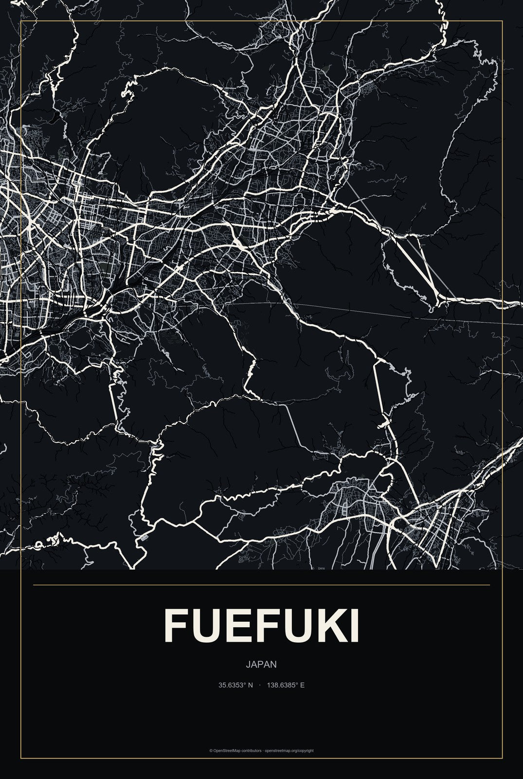 Fuefuki, Japan City Map Aluminum Sign in Metropolitan Noir style