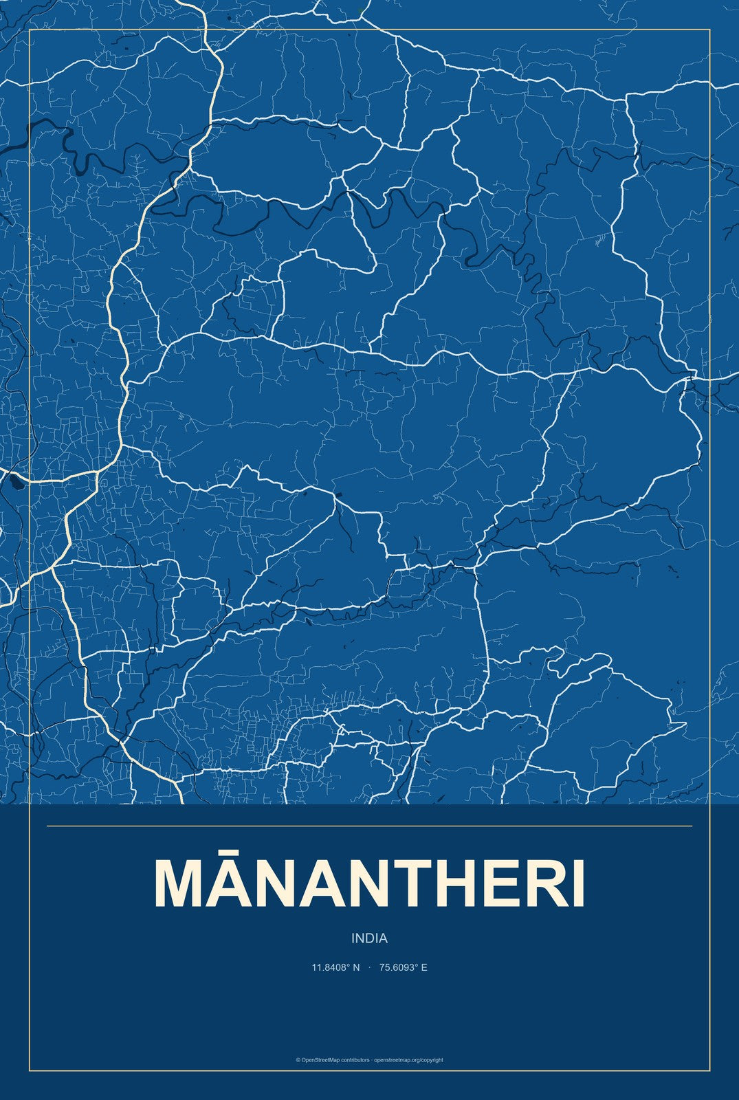 Mānantheri, India City Map Aluminum Sign in Harbor Cobalt style